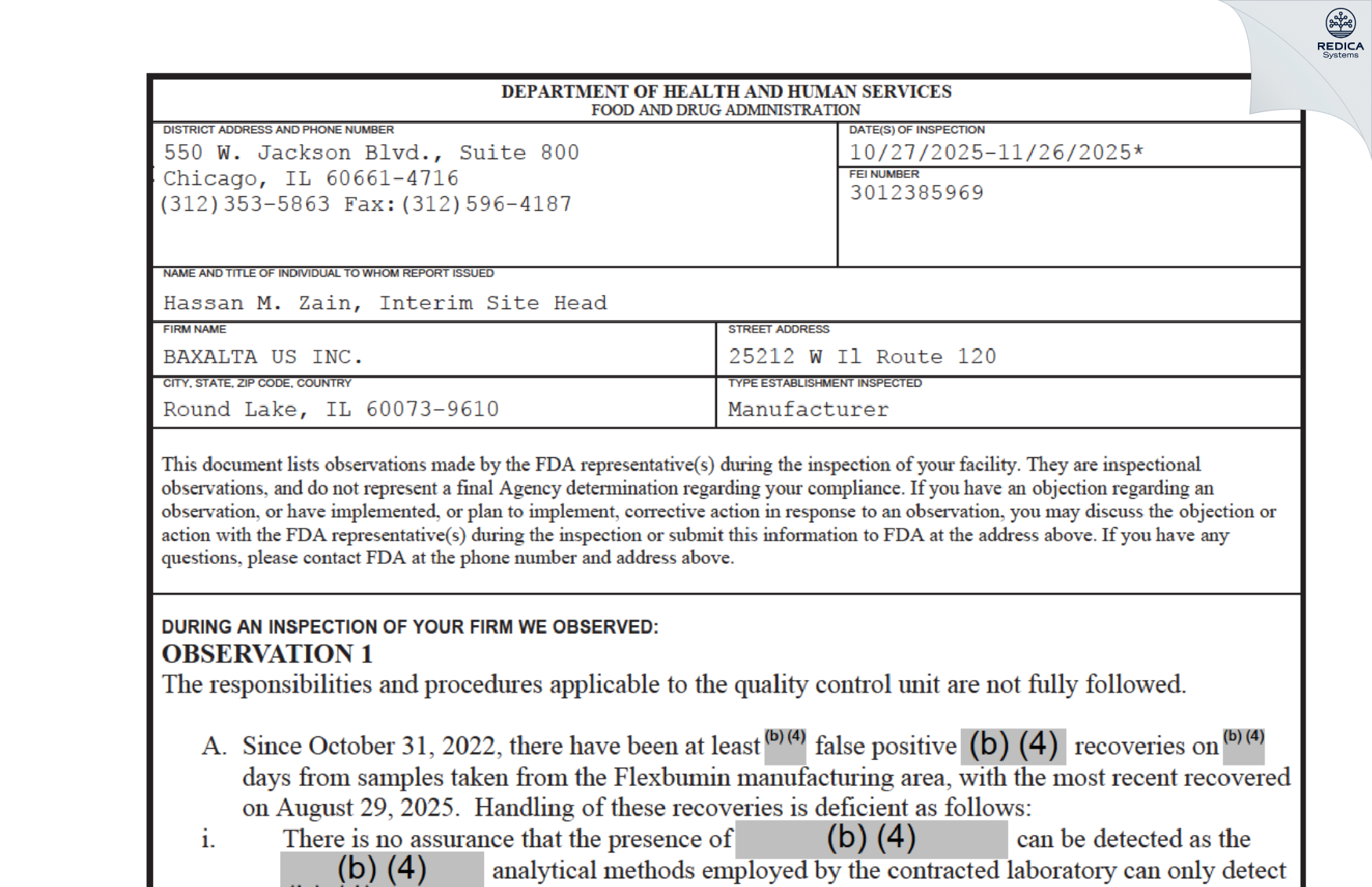 FDA 483 - BAXALTA US INC. [Round Lake / United States of America] - Download PDF - Redica Systems