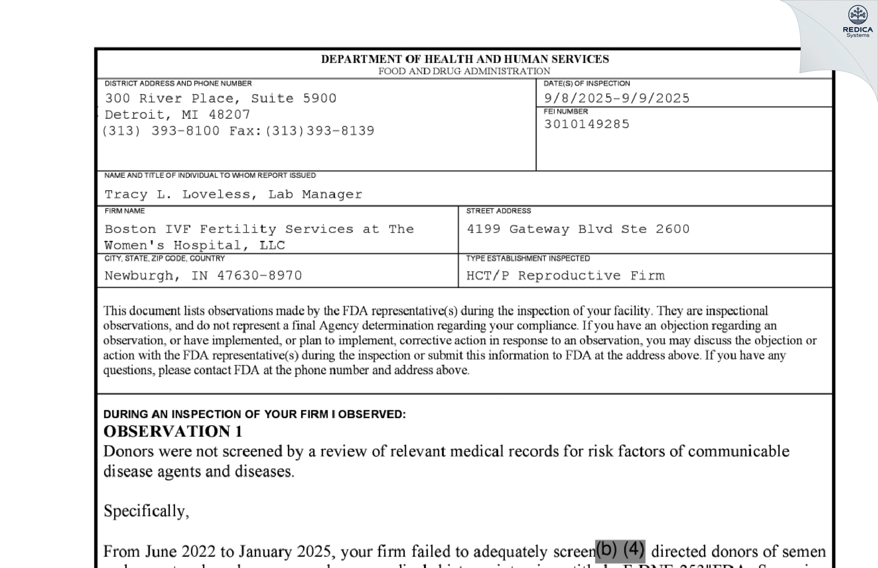 FDA 483 - Boston IVF at The Women's Hospital [Newburgh / United States of America] - Download PDF - Redica Systems