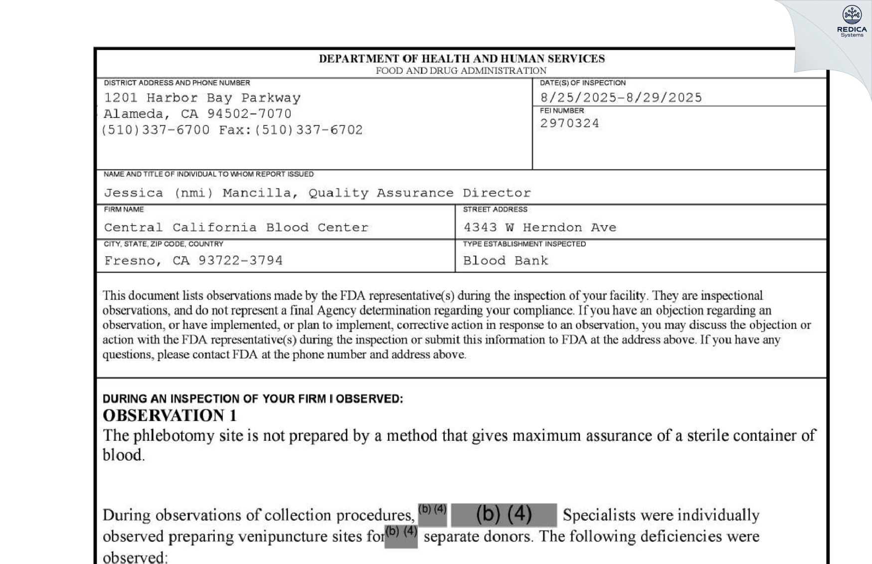 FDA 483 - Central California Blood Center [Fresno / United States of America] - Download PDF - Redica Systems