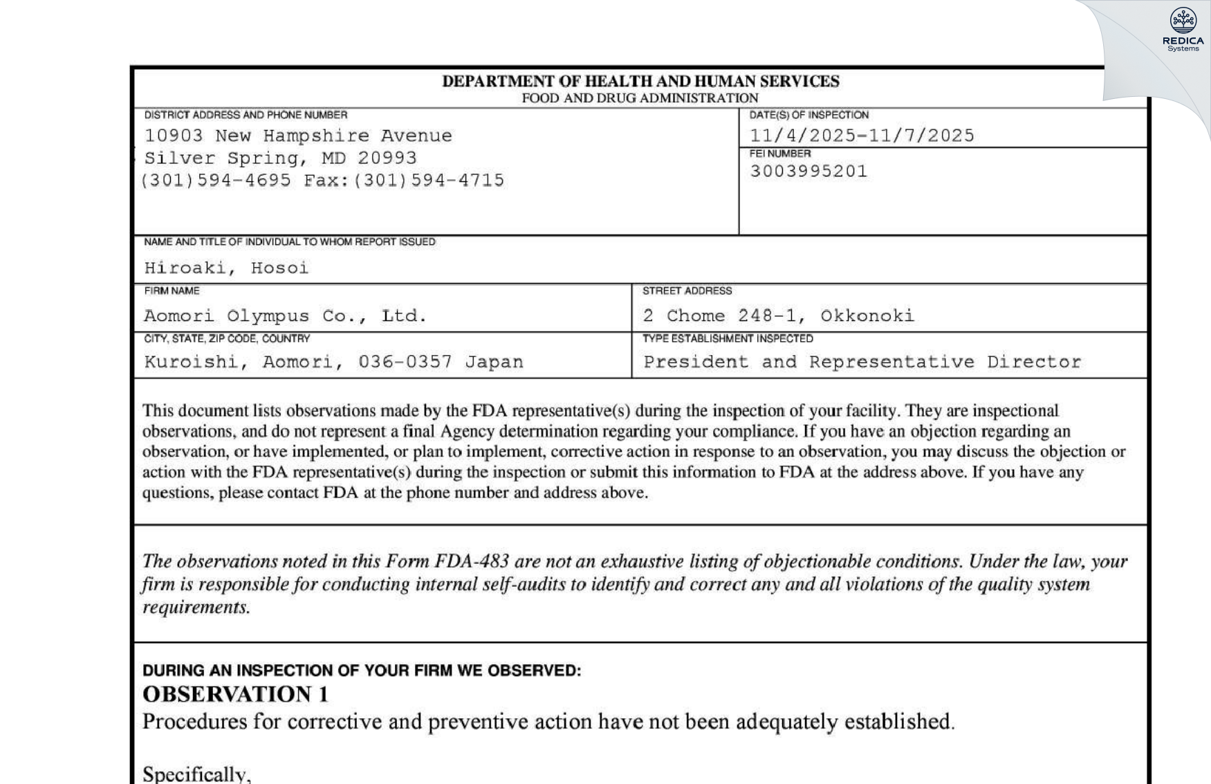 FDA 483 - Aomori Olympus Co., Ltd. [Okkonoki / Japan] - Download PDF - Redica Systems