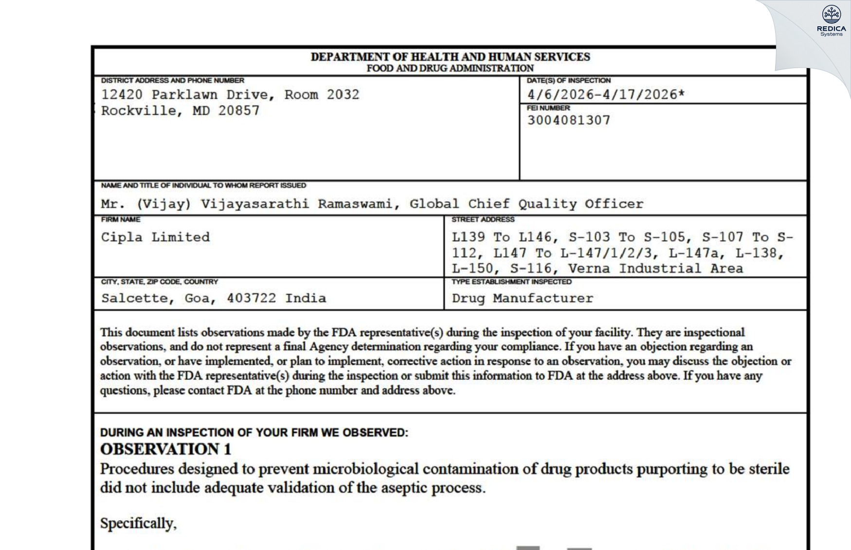 FDA 483 - Cipla Ltd. [Gounlloy / India] - Download PDF - Redica Systems