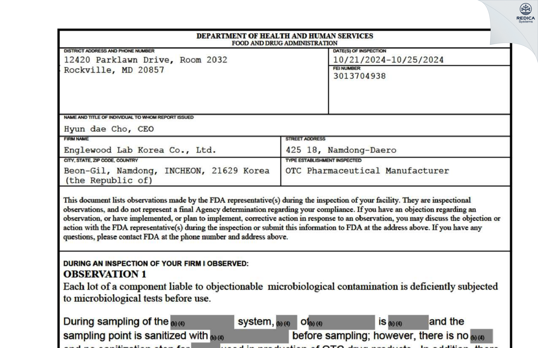 FDA 483 - Engle Wood Lab Korea Co., Ltd. [Incheon / Korea (Republic of)] - Download PDF - Redica Systems