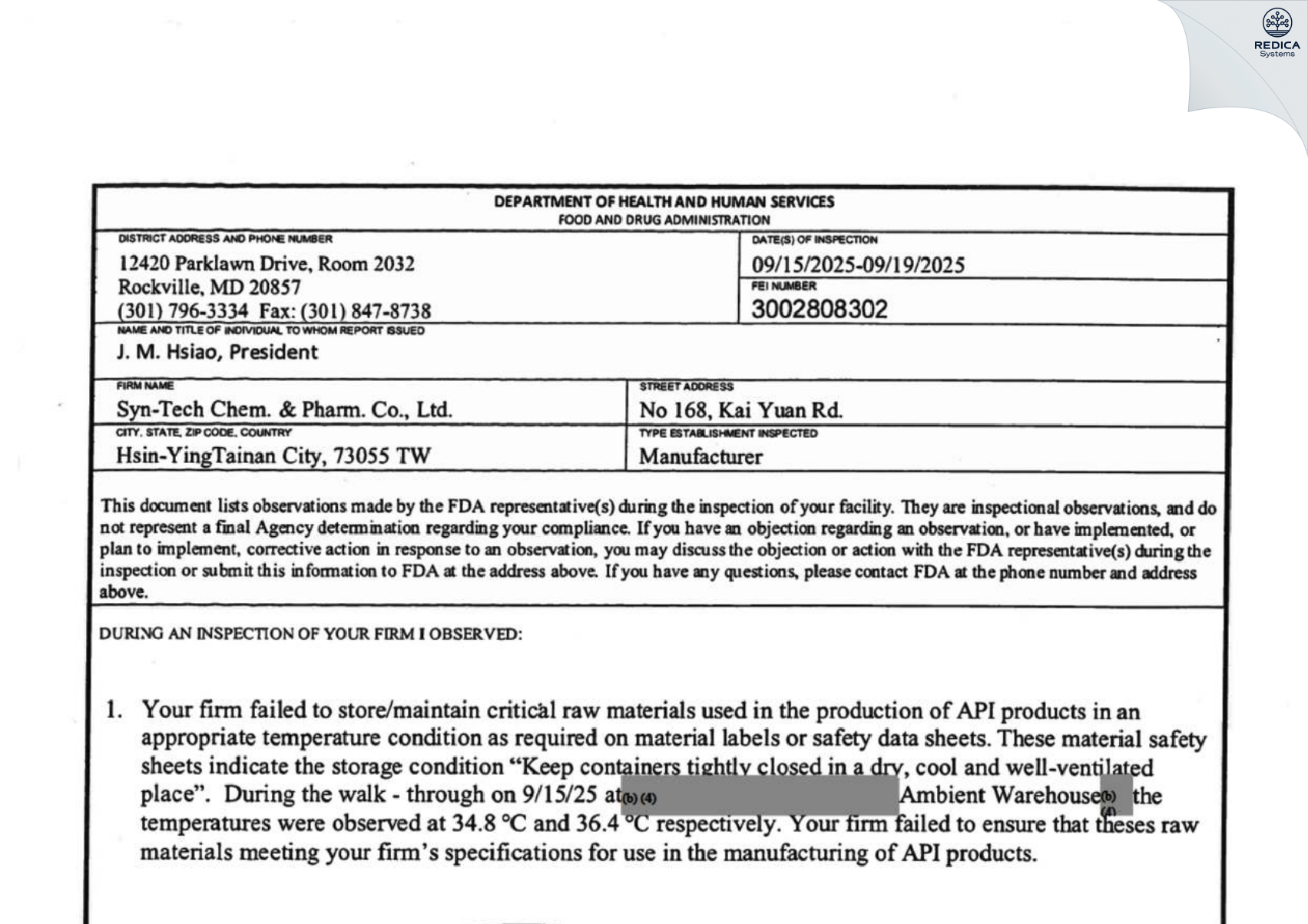 FDA 483 - Syn-Tech Chem. & Pharm. Co., Ltd [North District / Taiwan] - Download PDF - Redica Systems