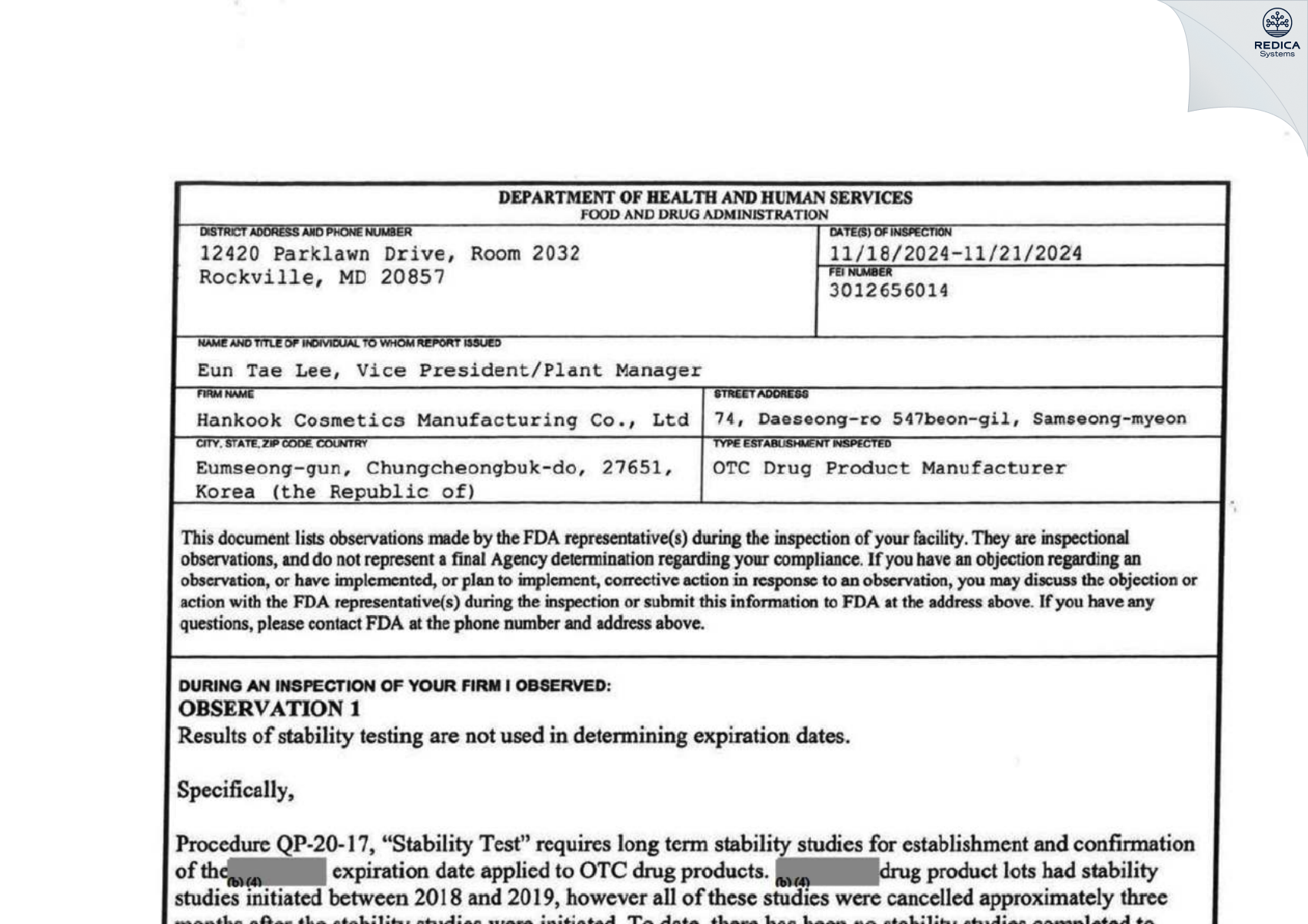 FDA 483 - Hankook Cosmetics Manufacturing Co.,Ltd_Eumseong Factory [Samseong-Myeon / Korea (Republic of)] - Download PDF - Redica Systems