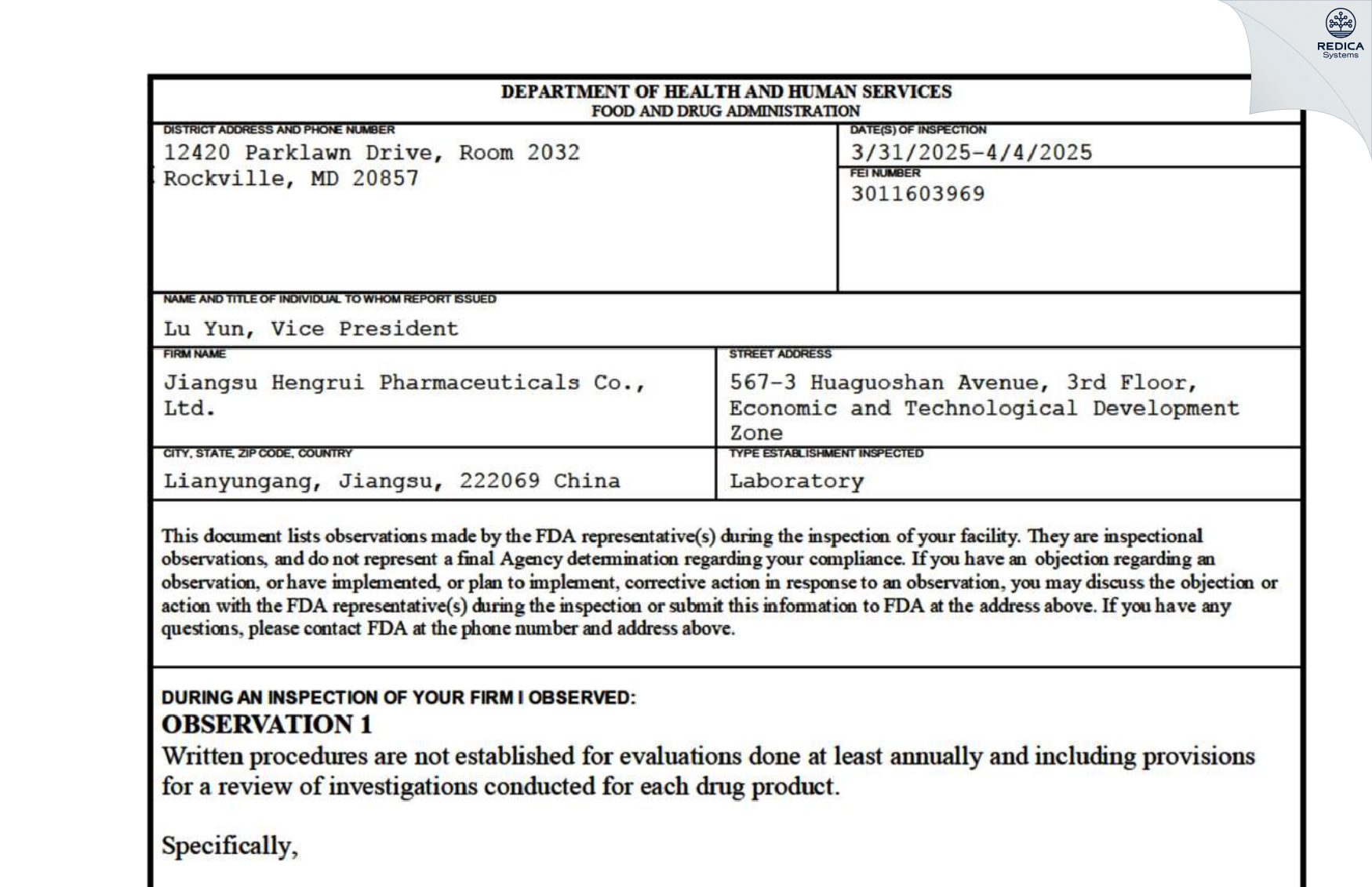 FDA 483 - Jiangsu Hengrui Pharmaceuticals Co., Ltd. [Lianyungang / China] - Download PDF - Redica Systems