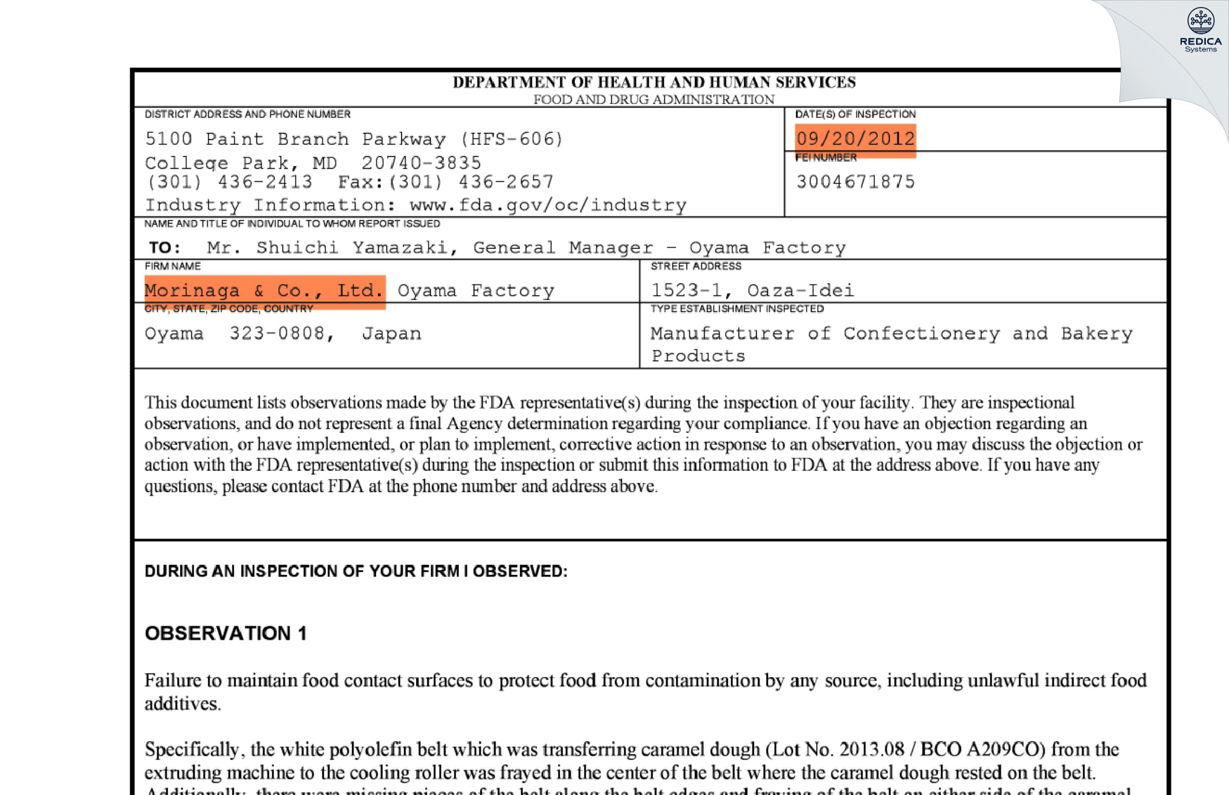FDA 483 - Morinaga & Co., Ltd - Oyama Factory [Idei / Japan] - Download PDF - Redica Systems