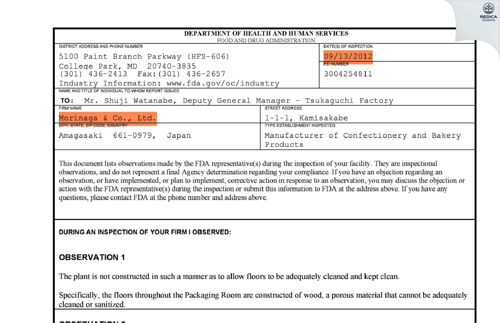 FDA 483 - MORINAGA SEIKA TSUKAGUCHI FACTORY [Kamisakabe / Japan] - Download PDF - Redica Systems