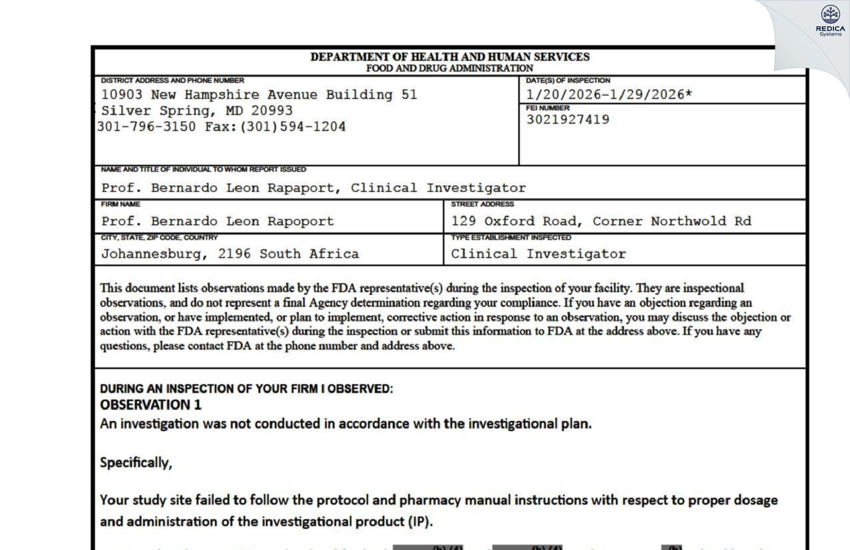 FDA 483 - Bernardo Leon Rapoport [Johannesburg / South Africa] - Download PDF - Redica Systems