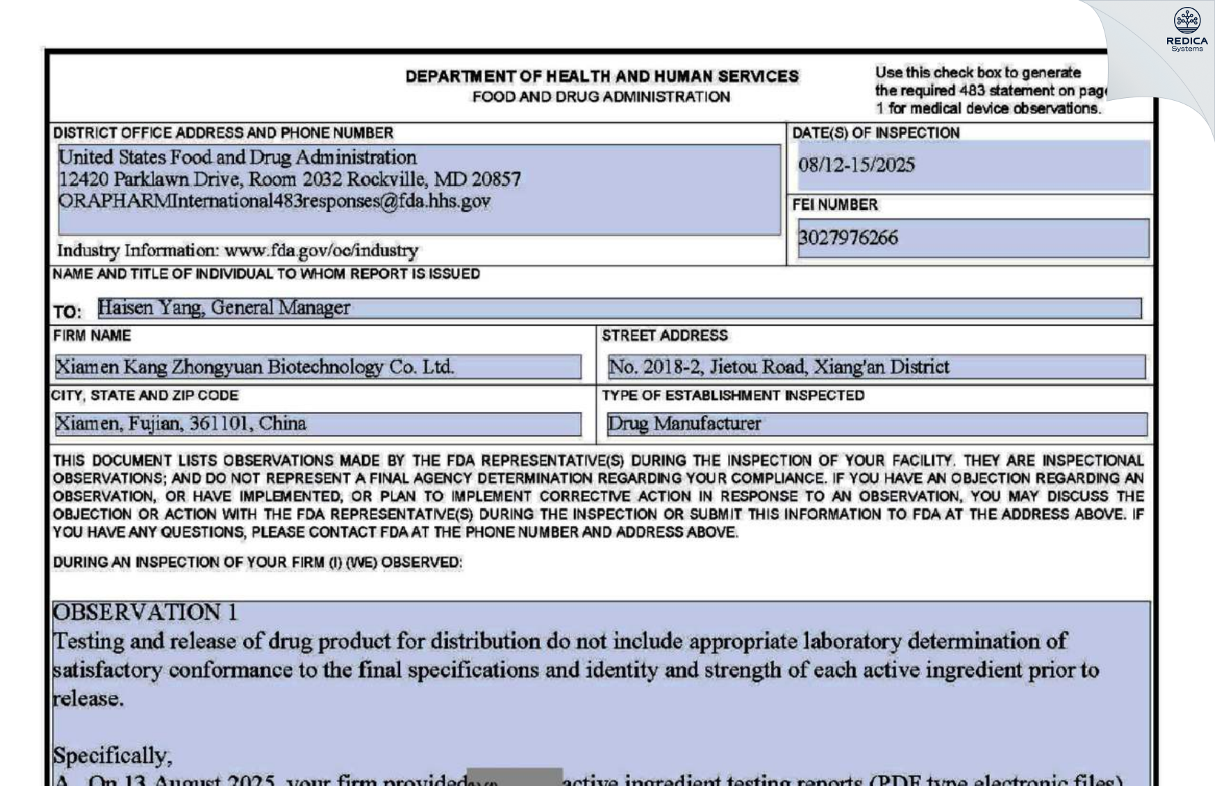 FDA 483 - Xiamen Kang Zhongyuan Biotechnology Co., Ltd. [Xiang’an / China] - Download PDF - Redica Systems