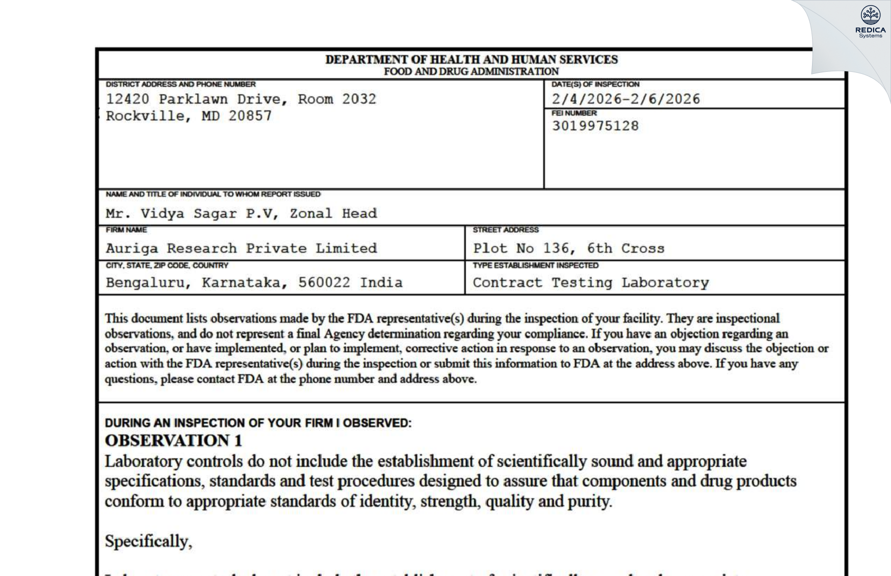 FDA 483 - Auriga Research Private Limited [Bengaluru / India] - Download PDF - Redica Systems