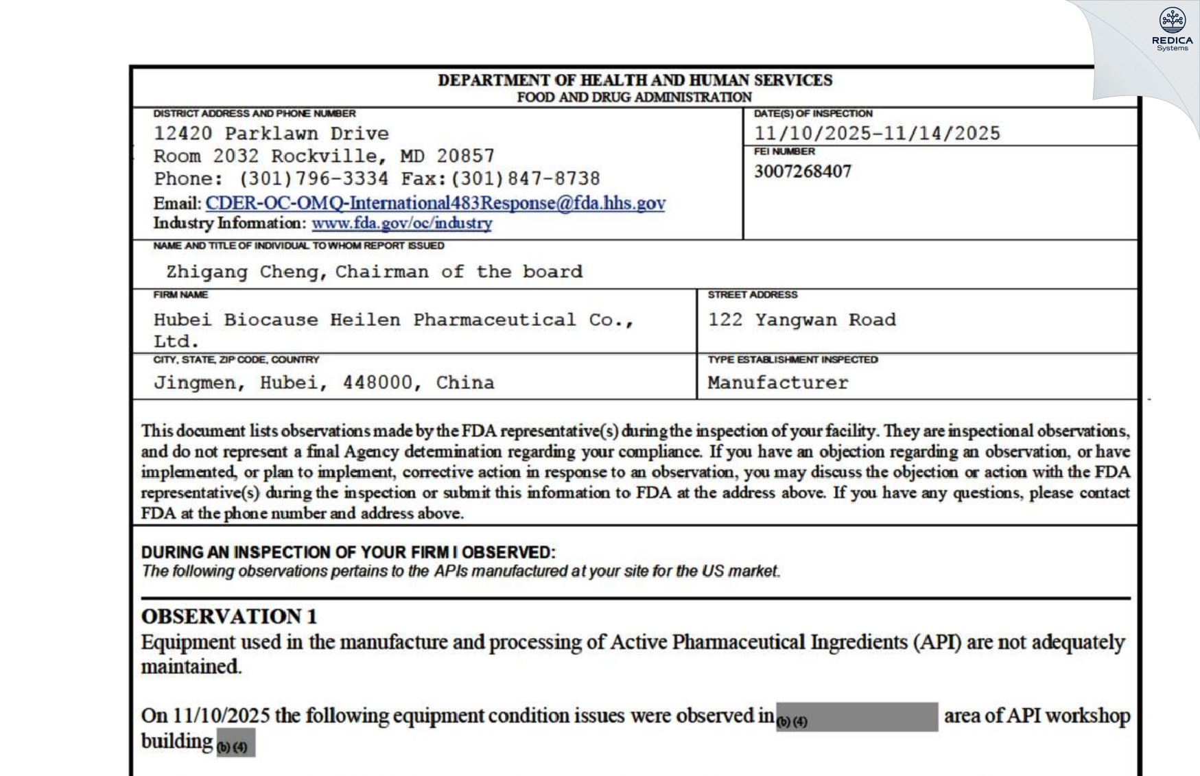 FDA 483 - Hubei Biocause Heilen Pharmaceutical Co., Ltd [Yanwan / China] - Download PDF - Redica Systems