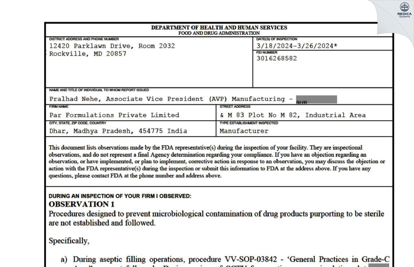 FDA 483 - Par Formulations Private Limited [Dhar Sub-District / India] - Download PDF - Redica Systems