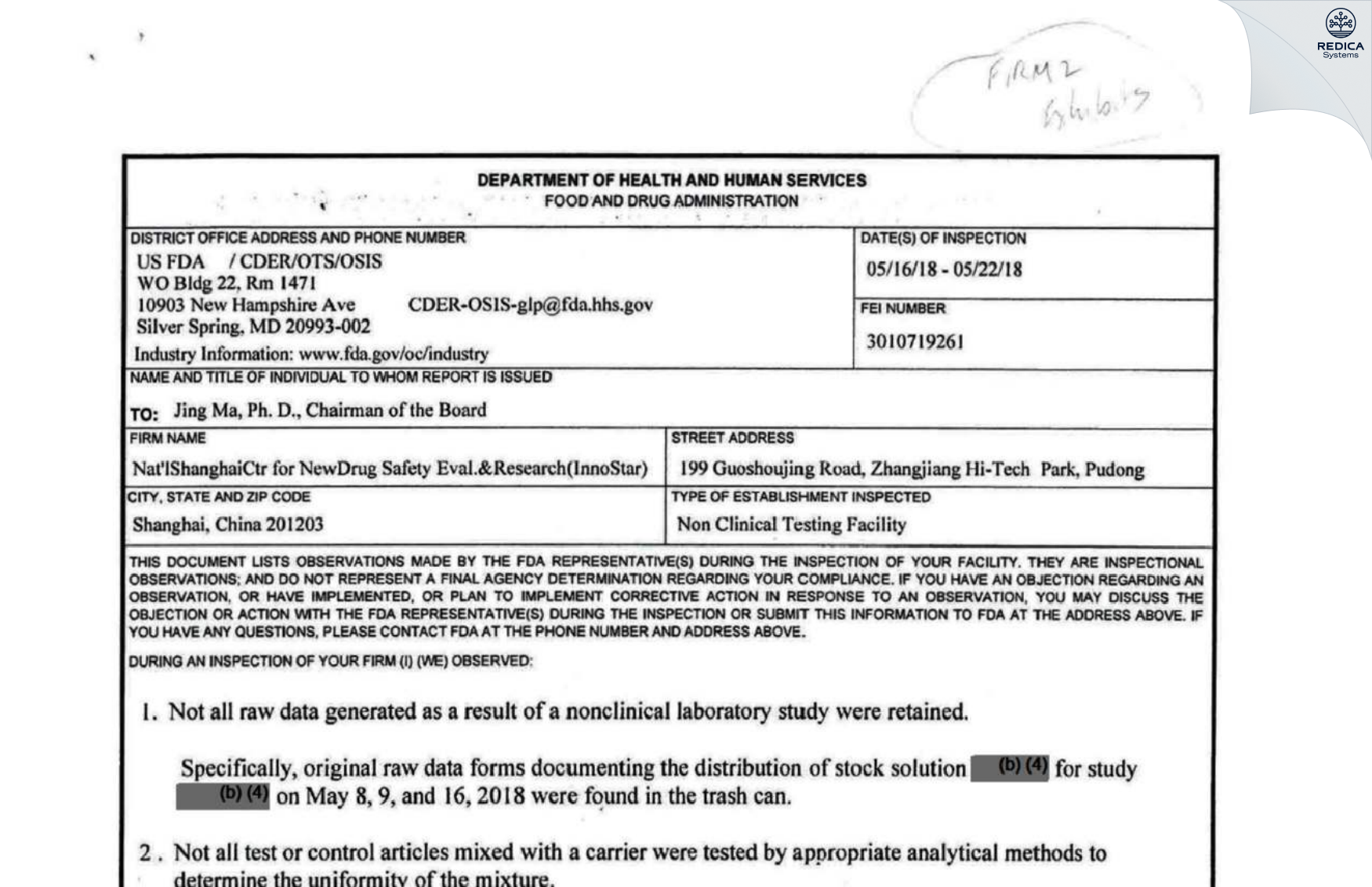 FDA 483 - National Shanghai Center for New Drug Safety Evaluation Ctr [Pudong / China] - Download PDF - Redica Systems