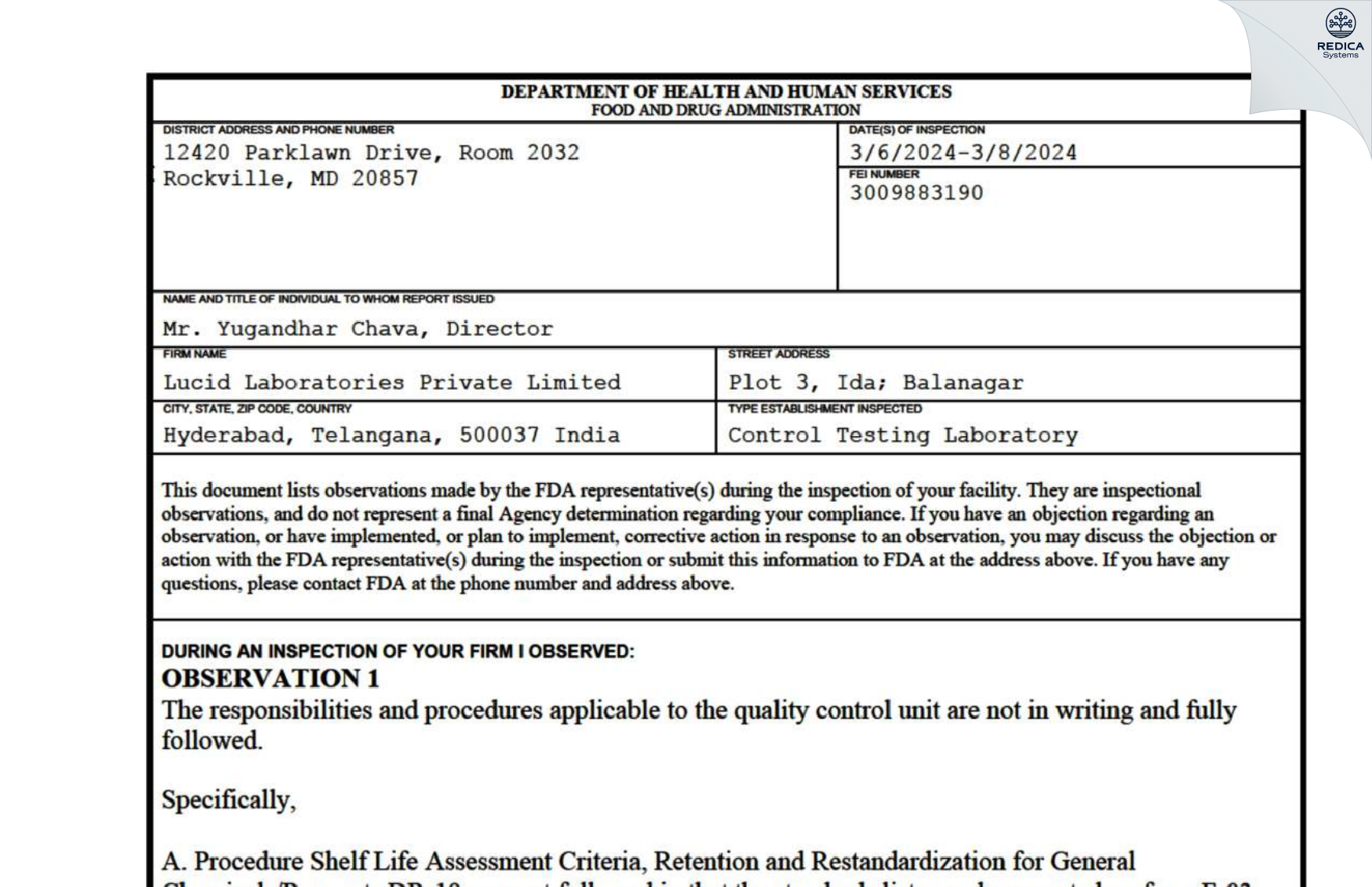 FDA 483 - LUCID LABORATORIES PRIVATE LIMITED [Hyderabad / India] - Download PDF - Redica Systems