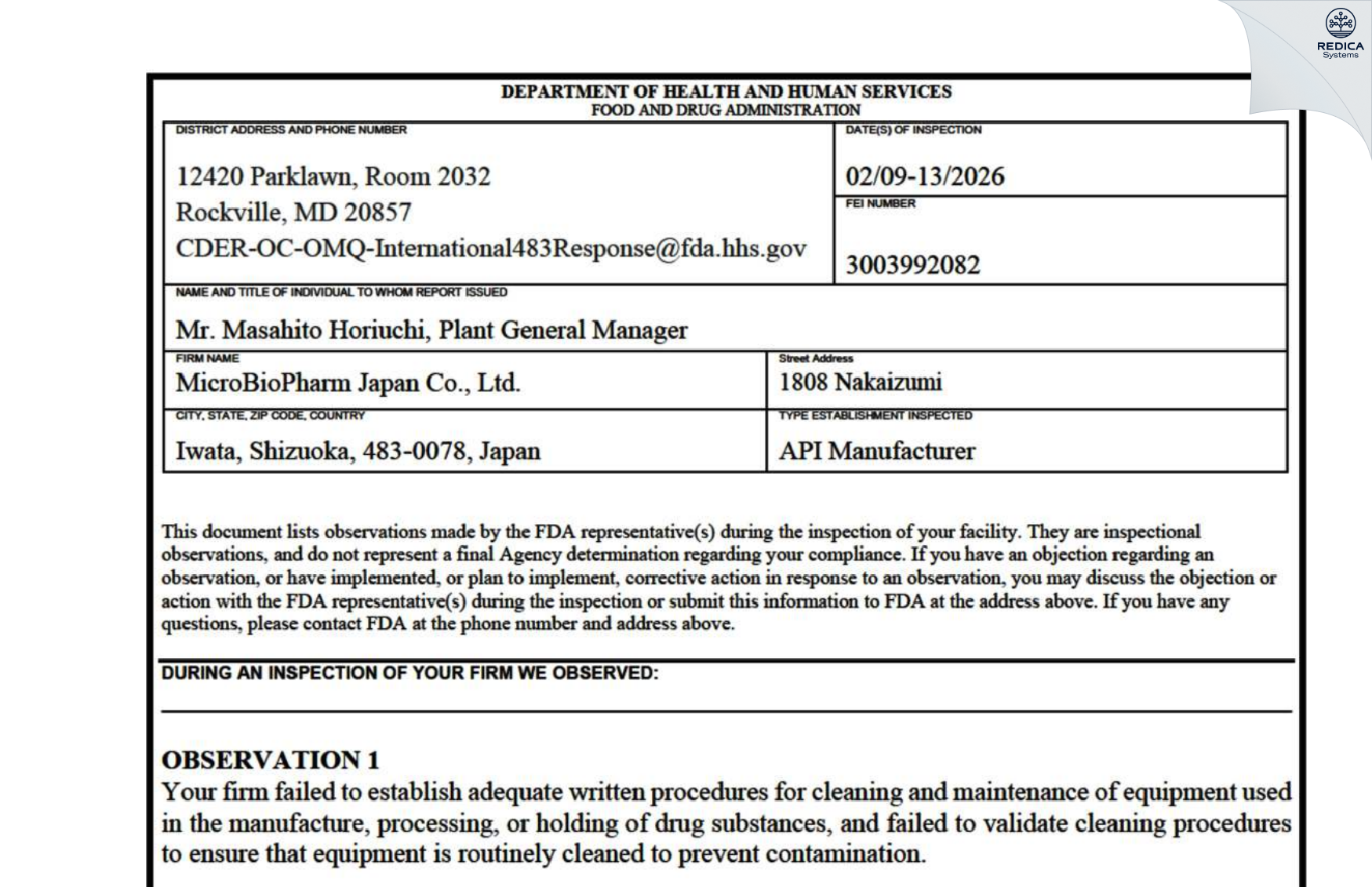 FDA 483 - MICROBIOPHARM JAPAN CO., LTD. [Nakaizumi / Japan] - Download PDF - Redica Systems