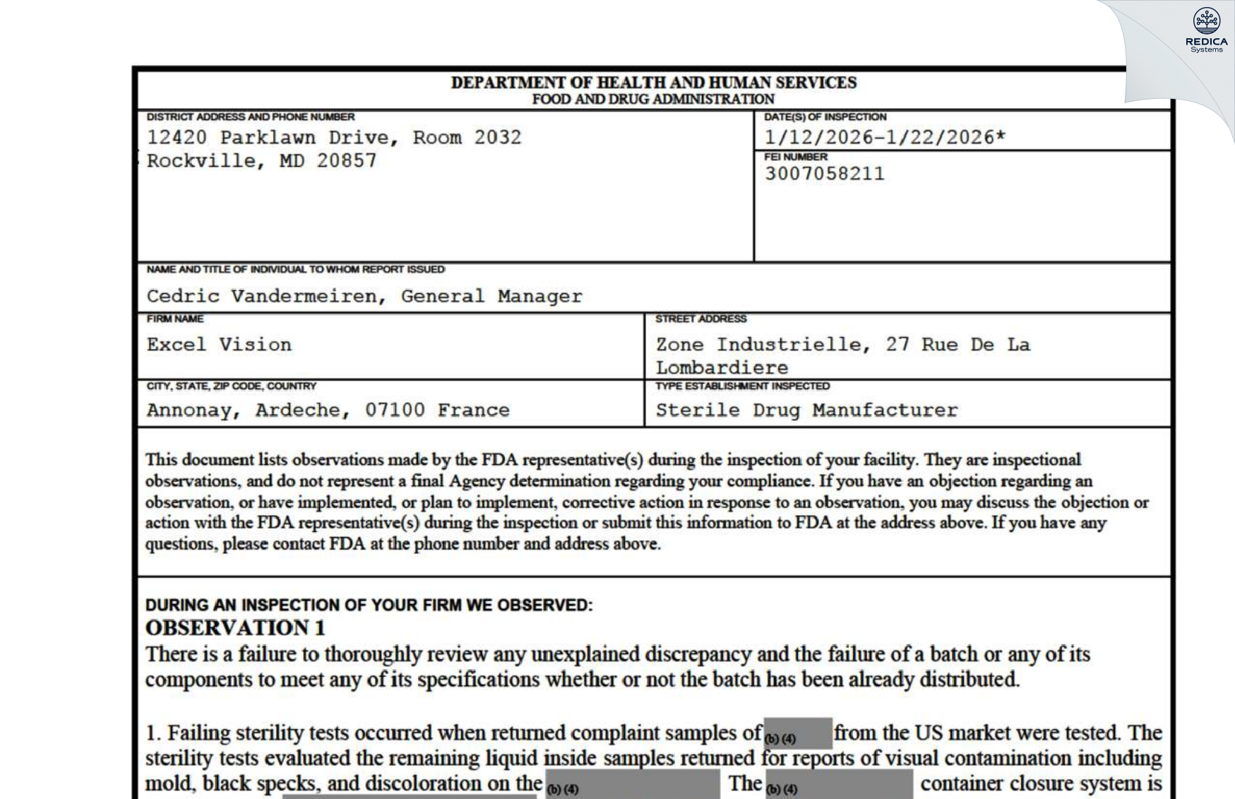 FDA 483 - Excelvision [Annonay / France] - Download PDF - Redica Systems