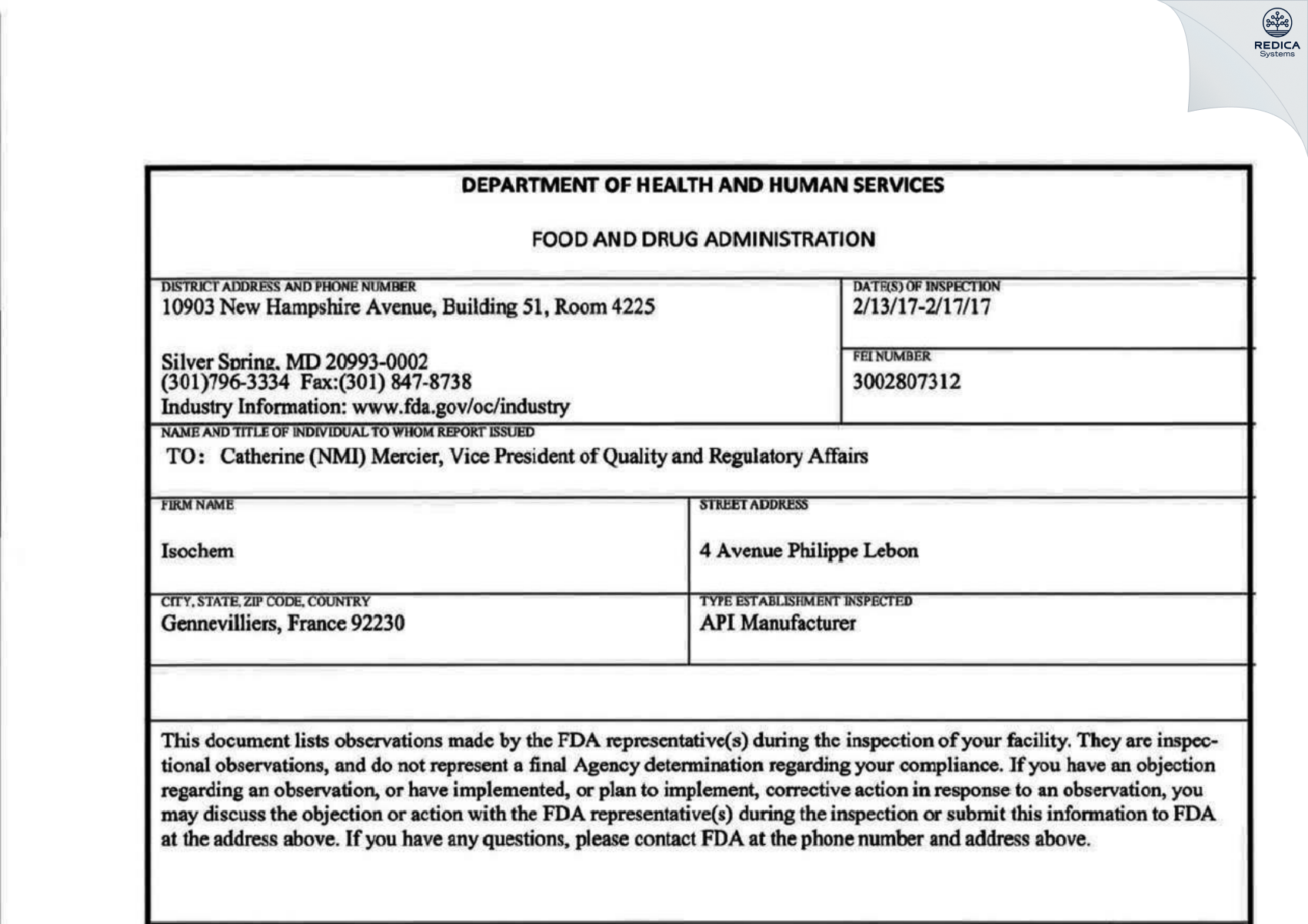 FDA 483 - PMC Isochem [Gennevilliers / France] - Download PDF - Redica Systems
