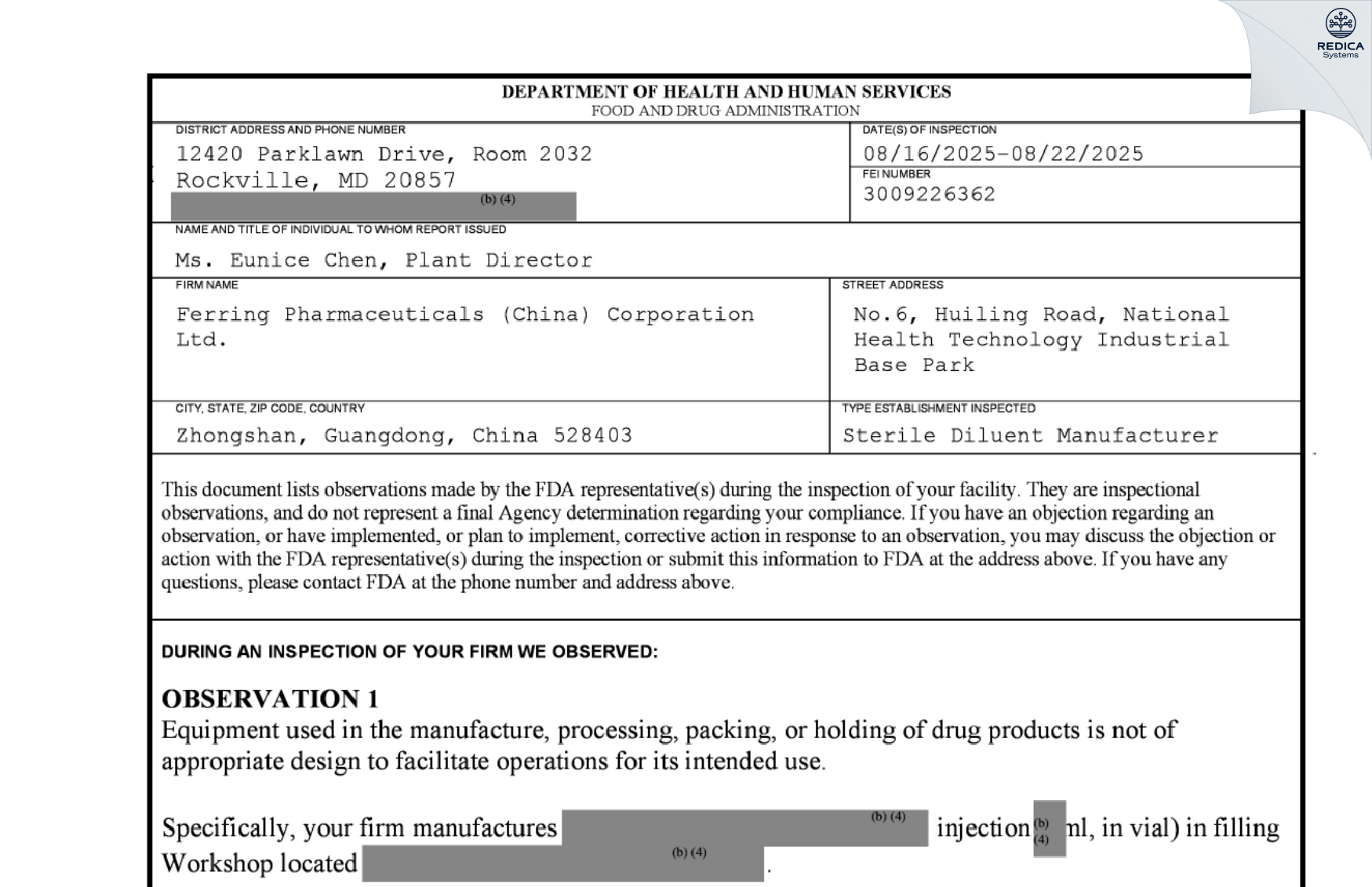 FDA 483 - Ferring Pharmaceuticals (China) Co. Ltd [Xiangshan / China] - Download PDF - Redica Systems