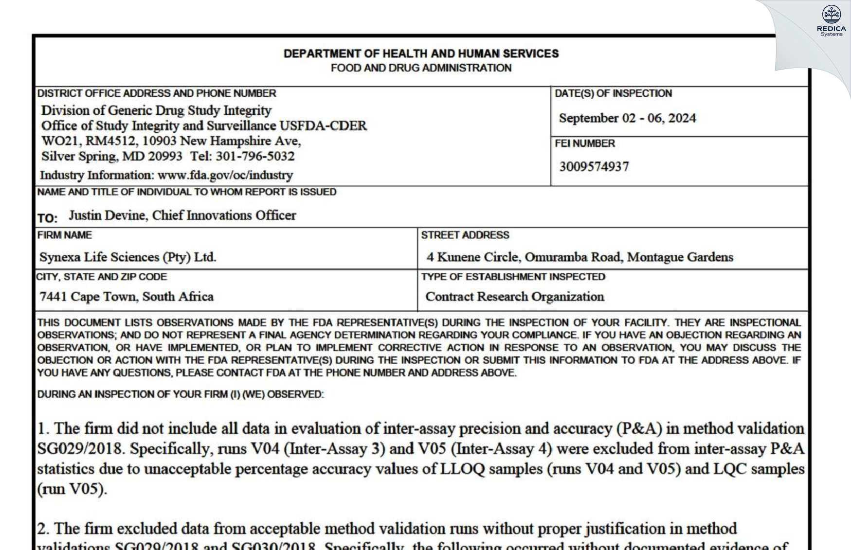 FDA 483 - Synexa Life Sciences [Cape Town / South Africa] - Download PDF - Redica Systems