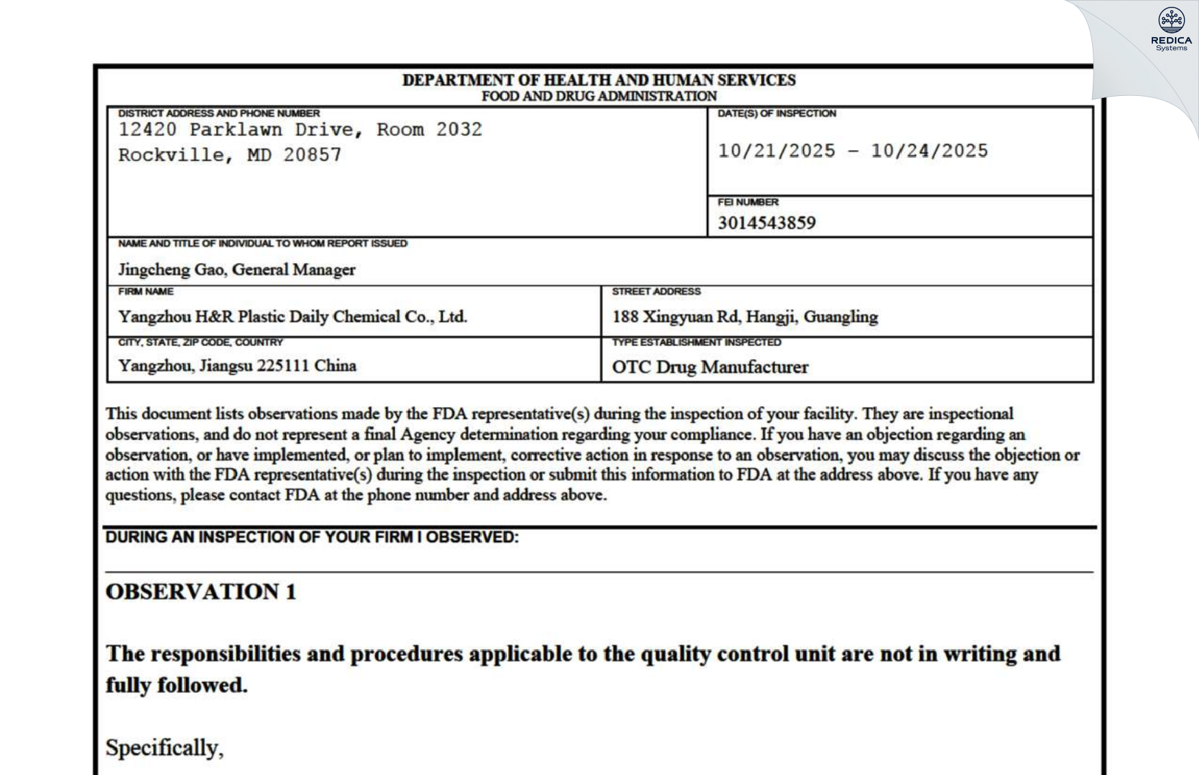 FDA 483 - Yangzhou H&R Plastic Daily Chemical Co., Ltd. [Yangzhou / China] - Download PDF - Redica Systems