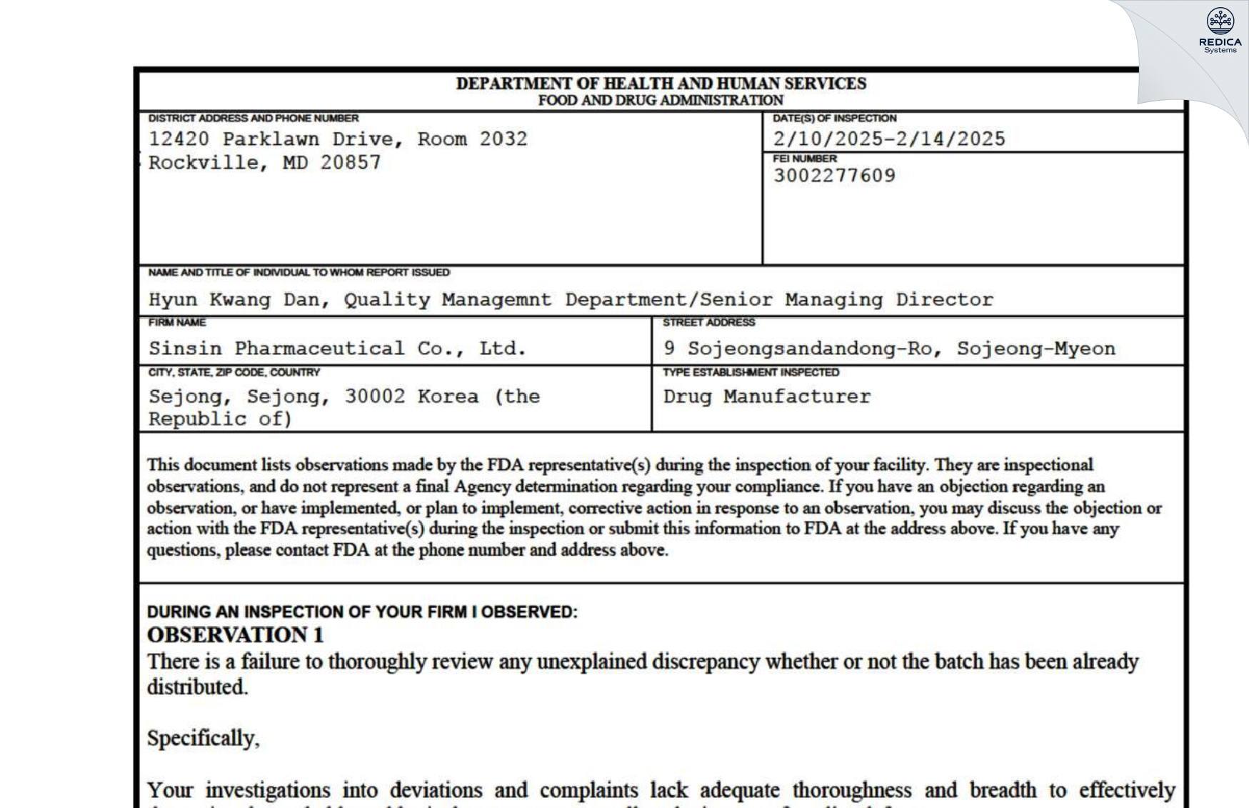 FDA 483 - Sinsin Pharmaceutical Co., Ltd. [Sejong / Korea (Republic of)] - Download PDF - Redica Systems