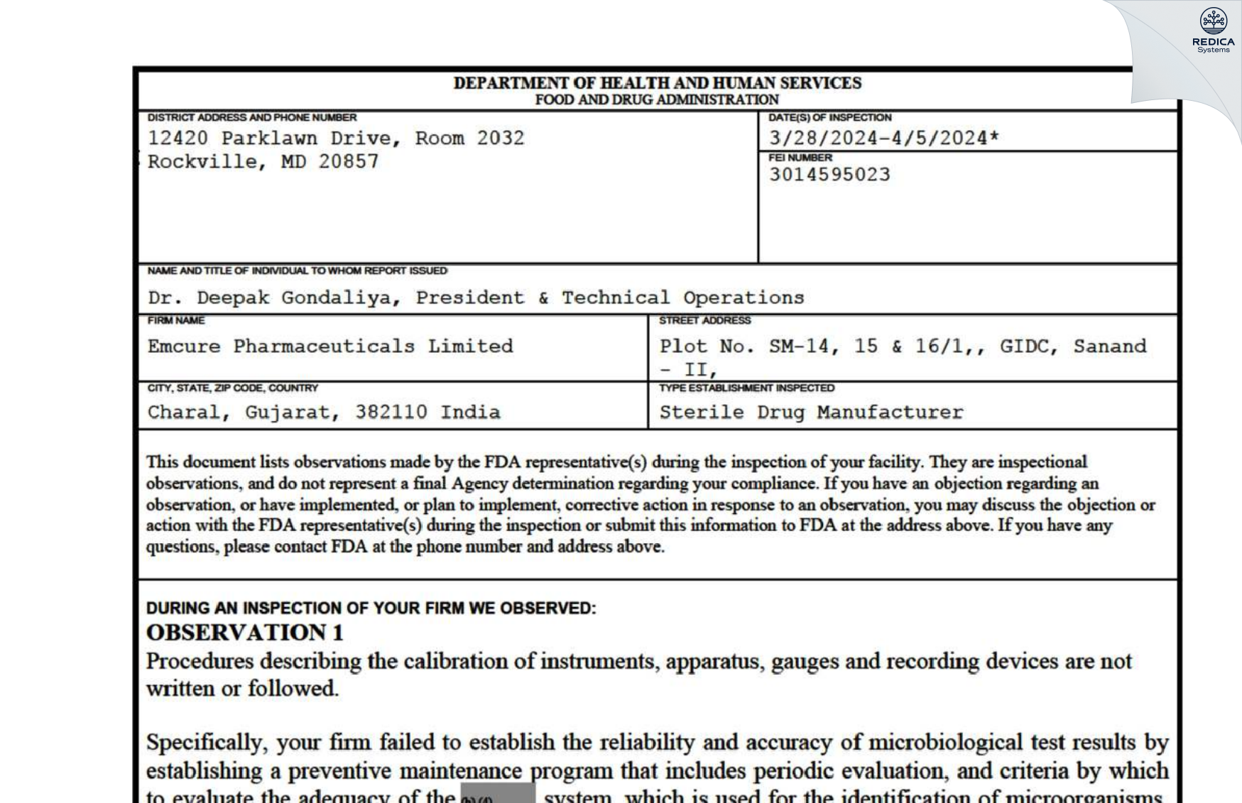 FDA 483 - Emcure Pharmaceuticals Limited [Sanand / India] - Download PDF - Redica Systems