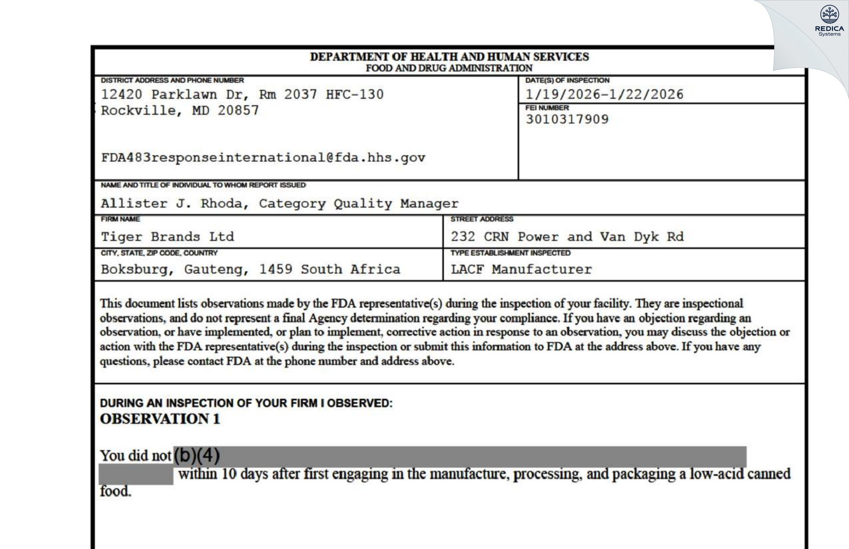 FDA 483 - Tiger Brands Ltd [Ekurhuleni / South Africa] - Download PDF - Redica Systems