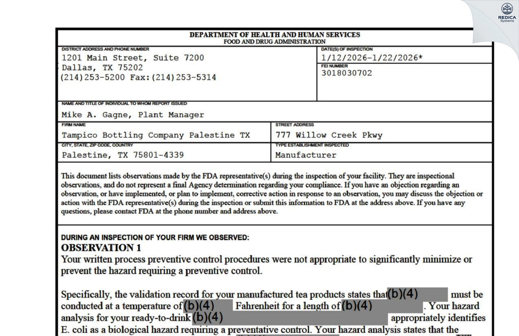 FDA 483 - Tampico Bottling Company Palestine TX [Palestine / United States of America] - Download PDF - Redica Systems