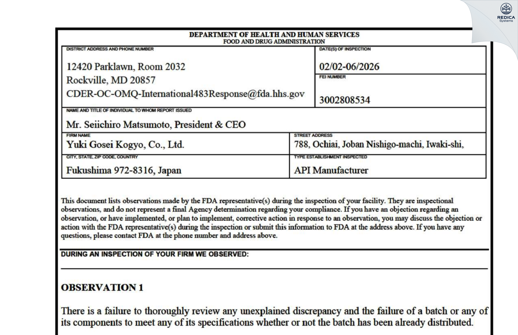 FDA 483 - YUKI GOSEI KOGYO CO., LTD. [Jobannishigomachi / Japan] - Download PDF - Redica Systems