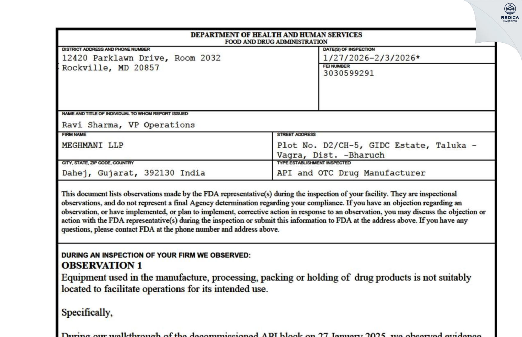 FDA 483 - MEGHMANI LLP [Dahej / India] - Download PDF - Redica Systems