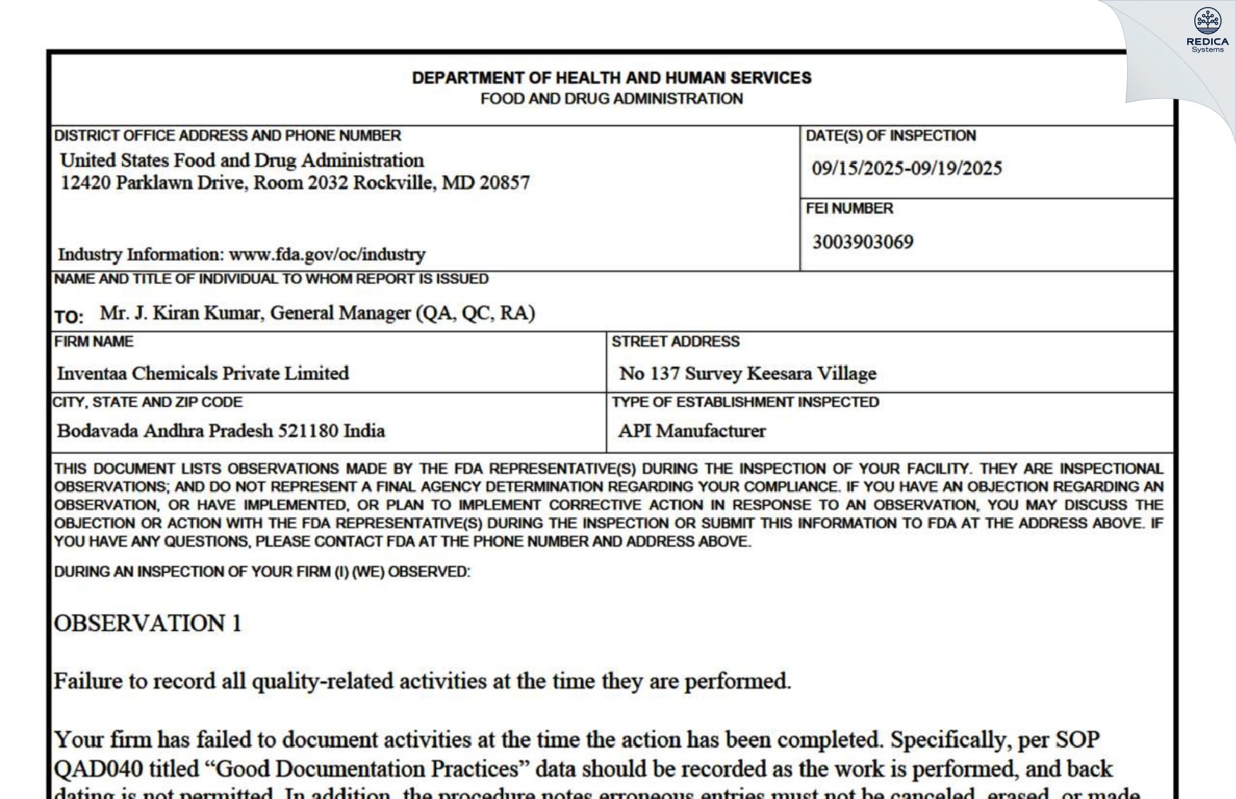 FDA 483 - Inventaa Industries Private Limited [Kanchikacherla / India] - Download PDF - Redica Systems