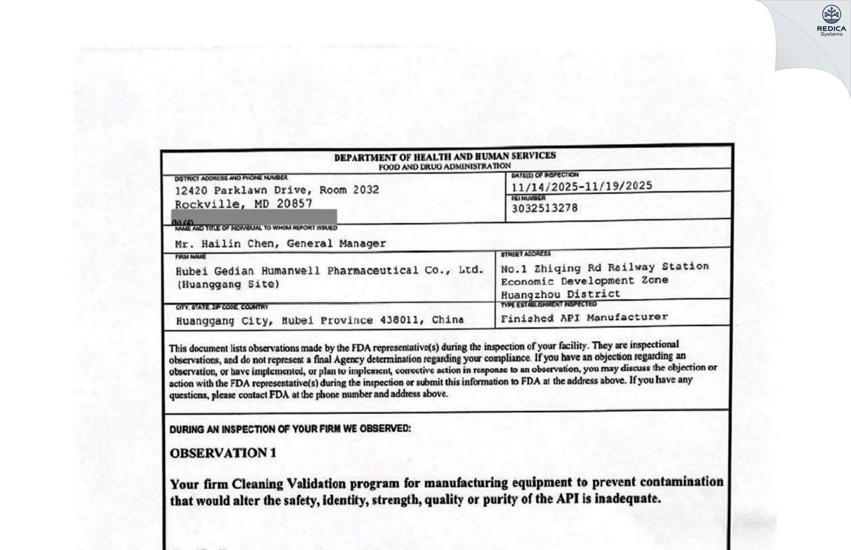 FDA 483 - Hubei Gedian Humanwell Pharmaceutical Co., Ltd (Huanggang Site) [Huangzhou / China] - Download PDF - Redica Systems