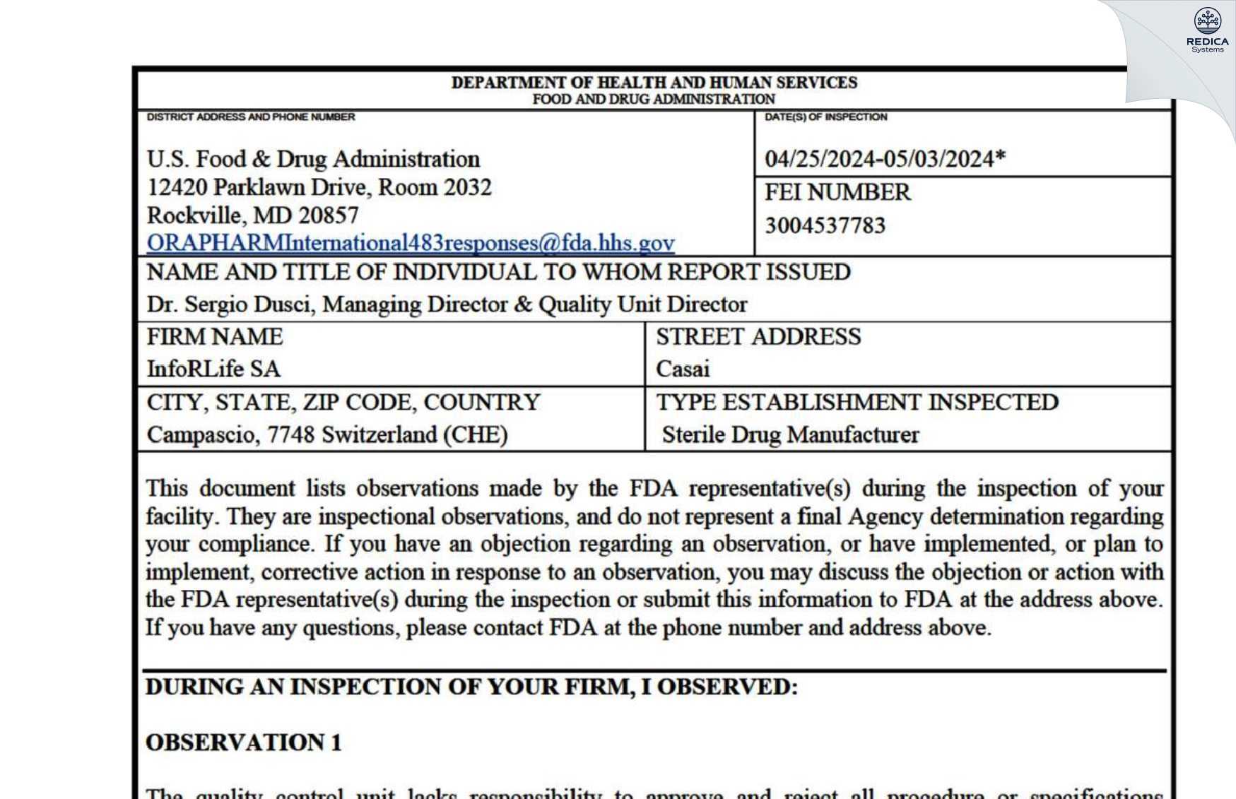 FDA 483 - InfoRLife SA [Brusio / Switzerland] - Download PDF - Redica Systems