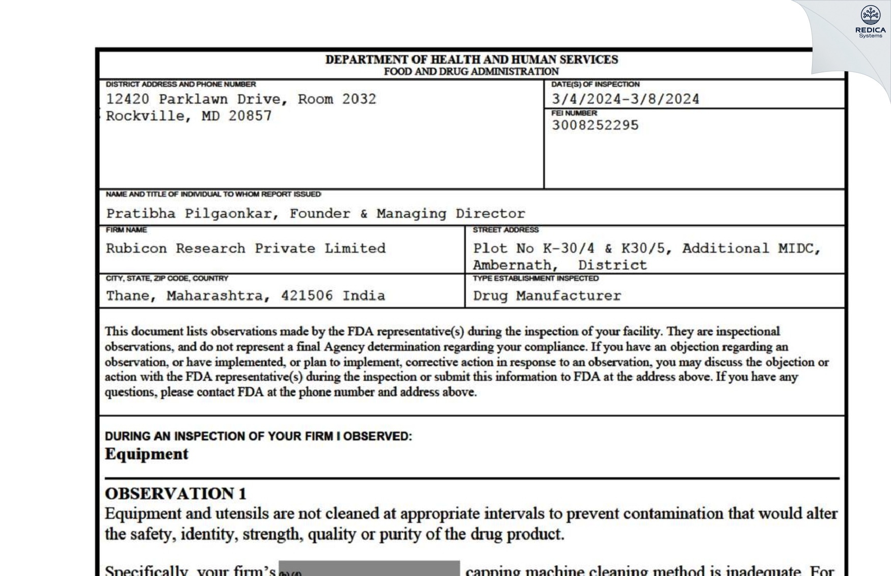FDA 483 - Rubicon Research Private Limited [Ambarnath / India] - Download PDF - Redica Systems