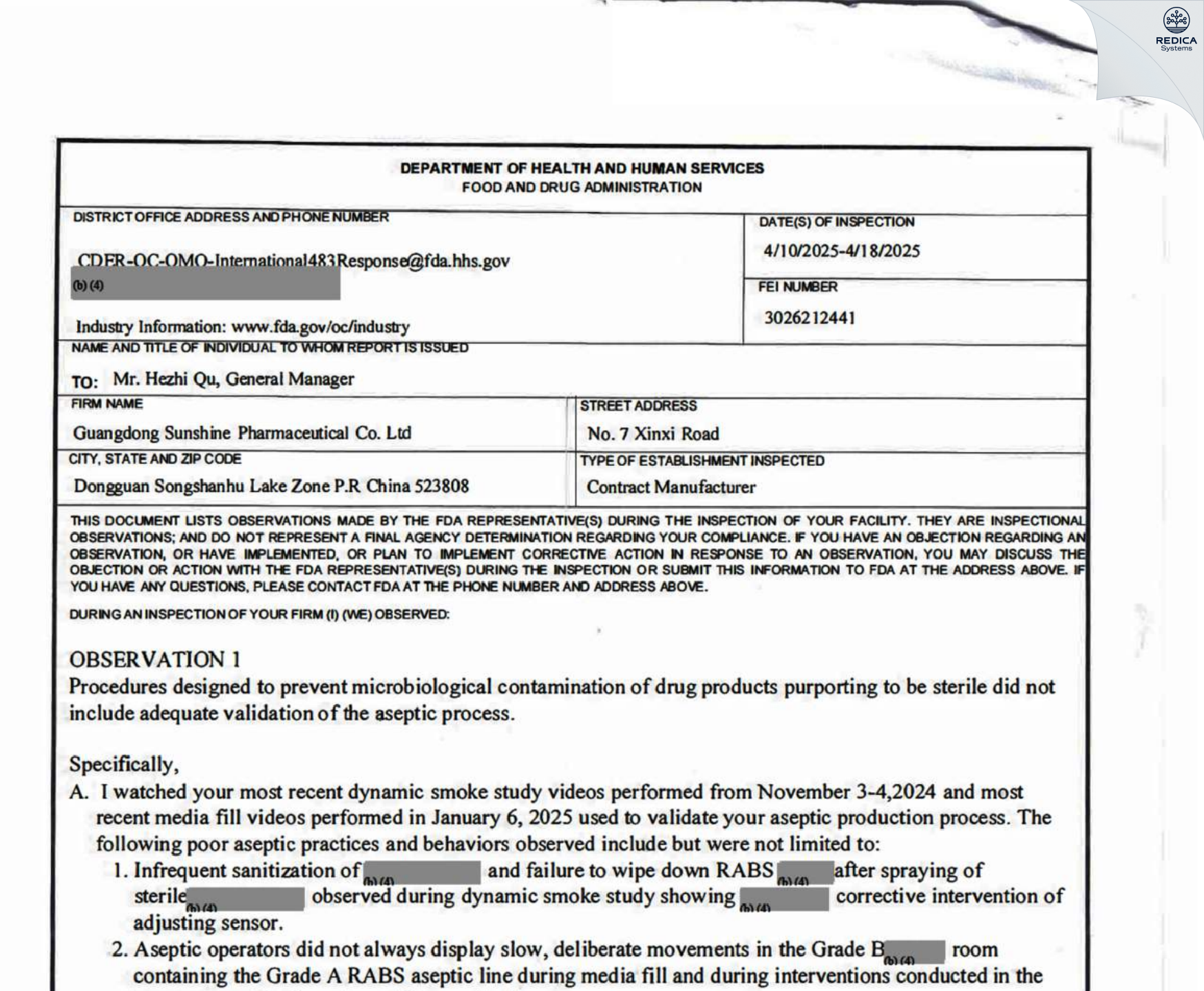 FDA 483 - Guangdong Sunshine Pharmaceutical Co Ltd [Dongguan / China] - Download PDF - Redica Systems