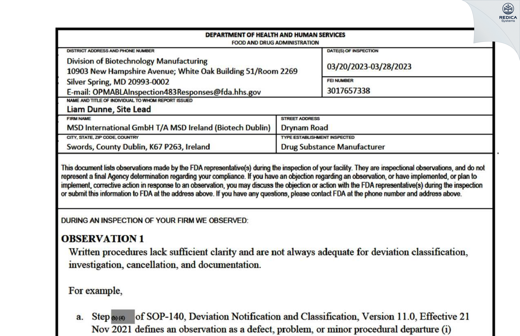FDA 483 - MSD INTERNATIONAL GMBH [Swords / Ireland] - Download PDF - Redica Systems