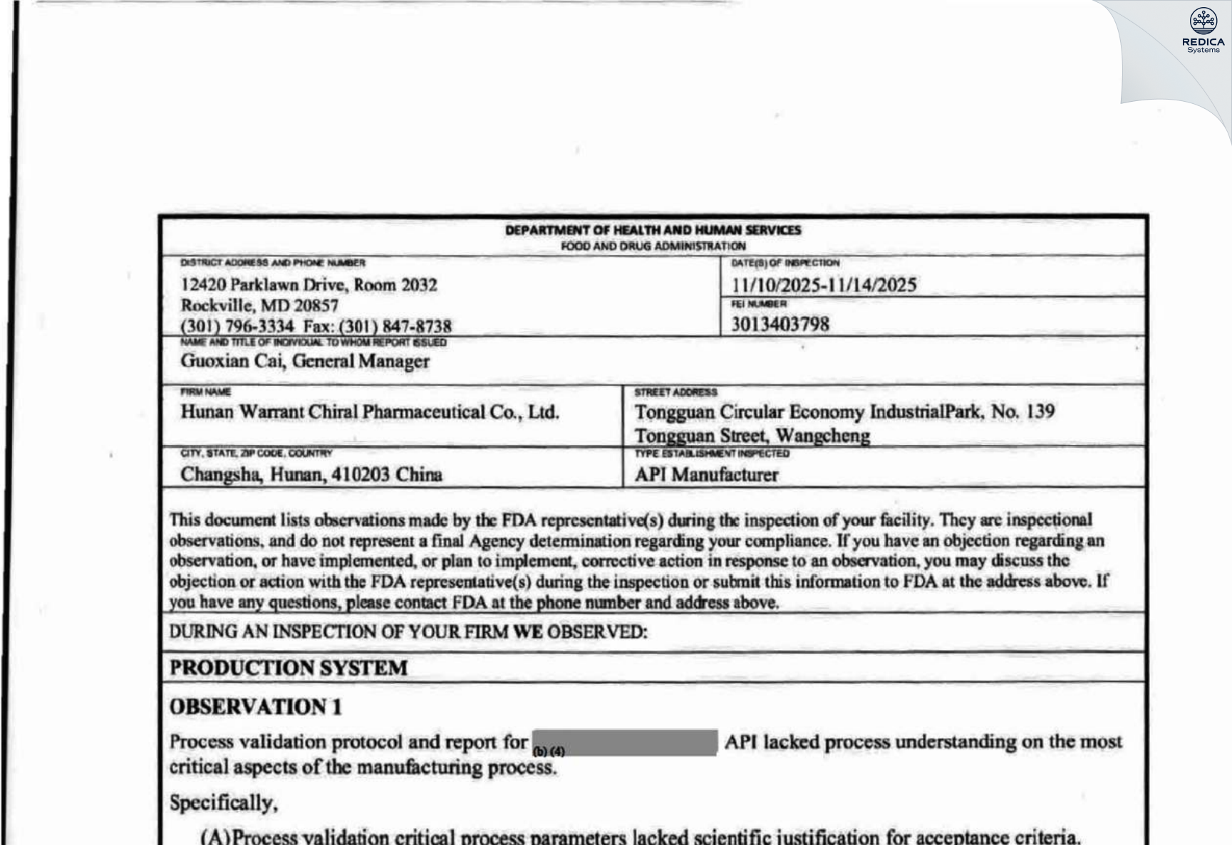 FDA 483 - Hunan Warrant Chiral Pharmaceutical Co., Ltd. [Changsha / China] - Download PDF - Redica Systems