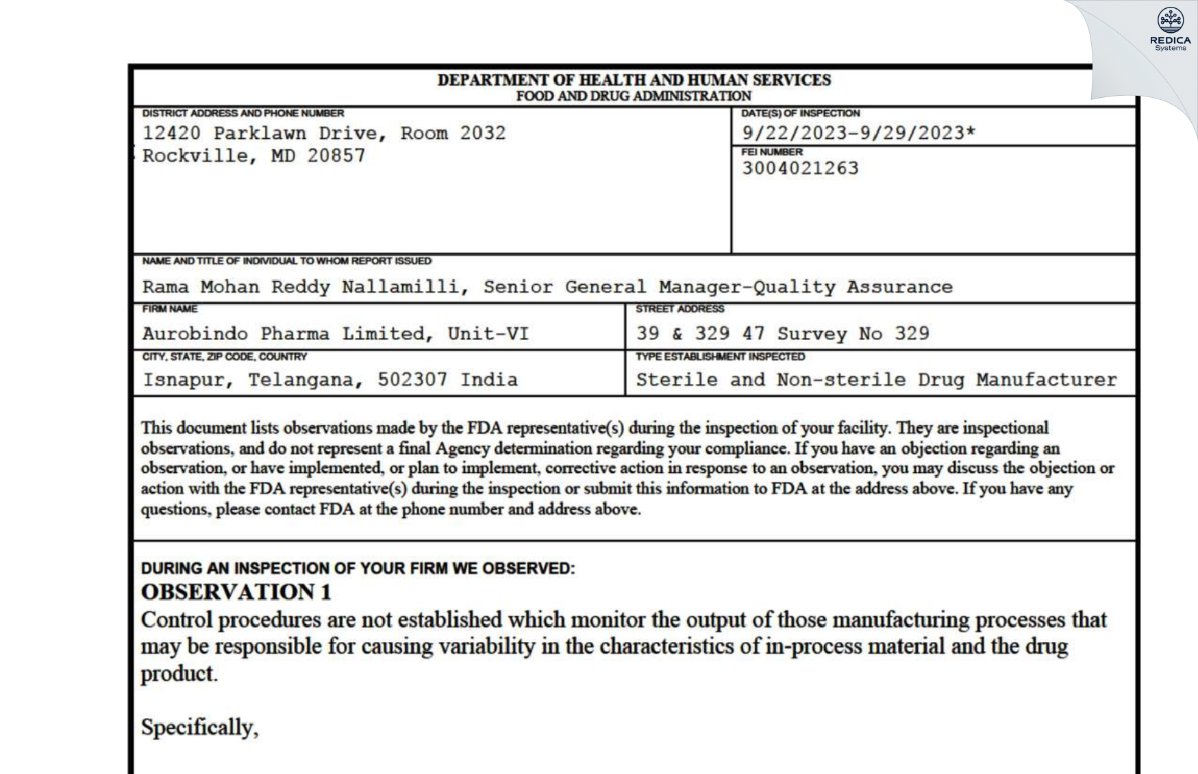 FDA 483 - Aurobindo Pharma Limited [Sangareddy Sub-District / India] - Download PDF - Redica Systems