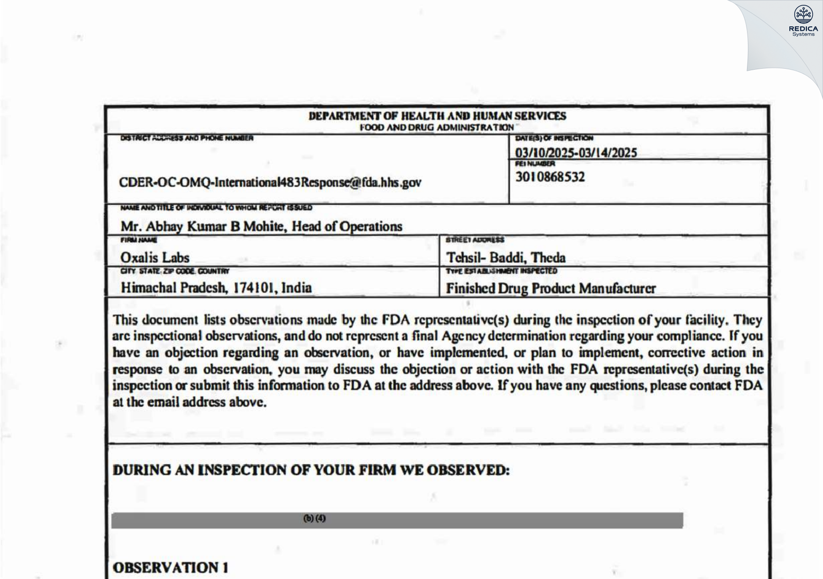 FDA 483 - OXALIS LABS [Baddi / India] - Download PDF - Redica Systems