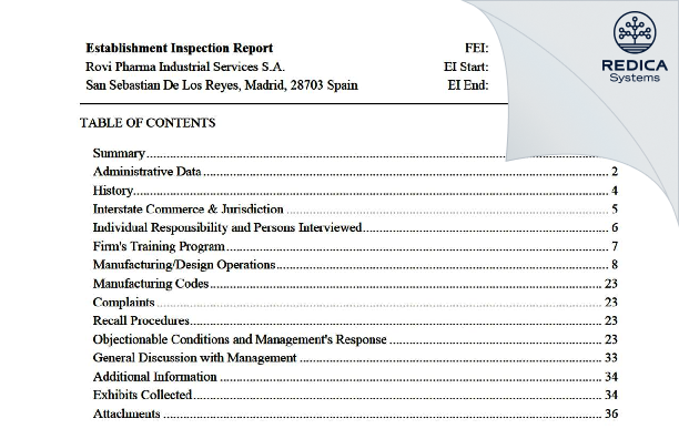 EIR - ROVI PHARMA INDUSTRIAL SERVICES S.A. [San Sebastián De Los Reyes / Spain] - Download PDF - Redica Systems