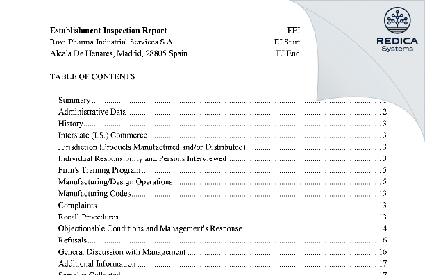 EIR - Rovi Pharma Industrial Services SA [Alcalá De Henares / Spain] - Download PDF - Redica Systems