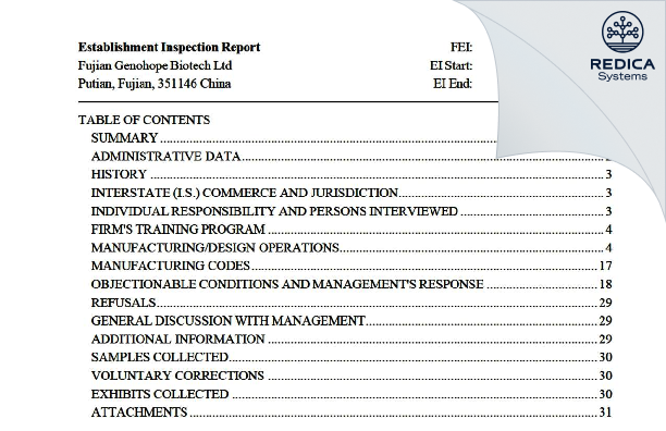 EIR - Fujian Genohope Biotech Ltd [Putian / China] - Download PDF - Redica Systems