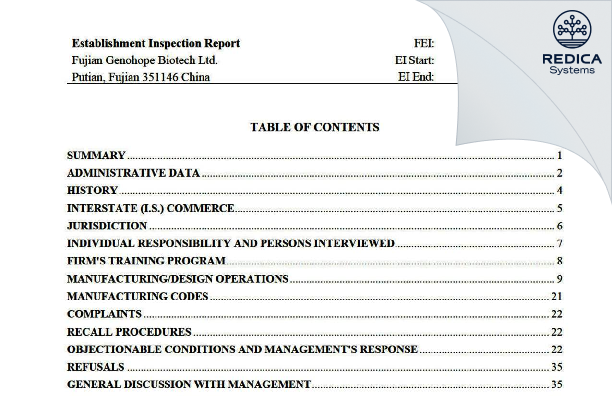 EIR - Fujian Genohope Biotech Ltd [Putian / China] - Download PDF - Redica Systems