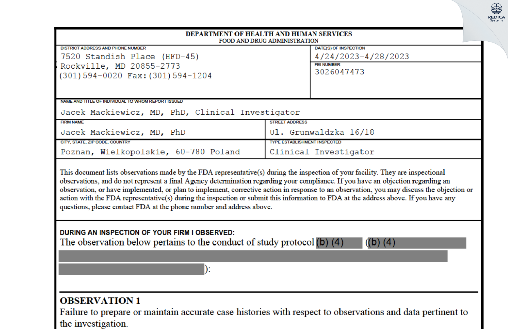 FDA 483 - Jacek Mackiewicz, MD, PhD [Poznan / Poland] - Download PDF - Redica Systems