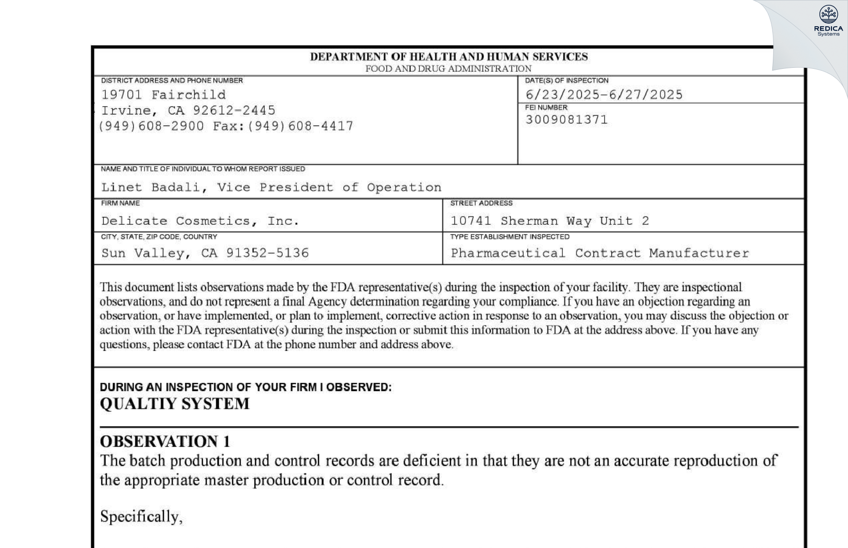 FDA 483 - DELICATE COSMETICS INC [Sun Valley / United States of America] - Download PDF - Redica Systems