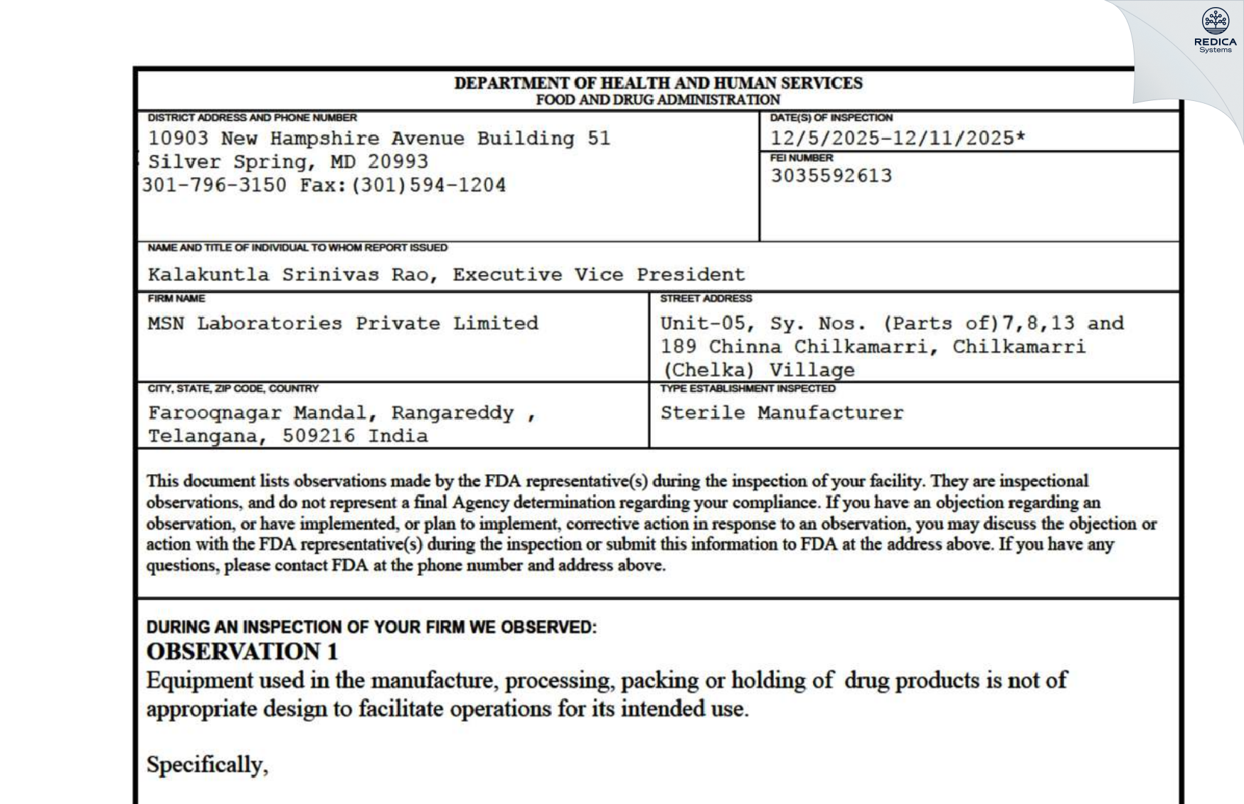 FDA 483 - MSN LABORATORIES PRIVATE LIMITED [Farooq Nagar / India] - Download PDF - Redica Systems