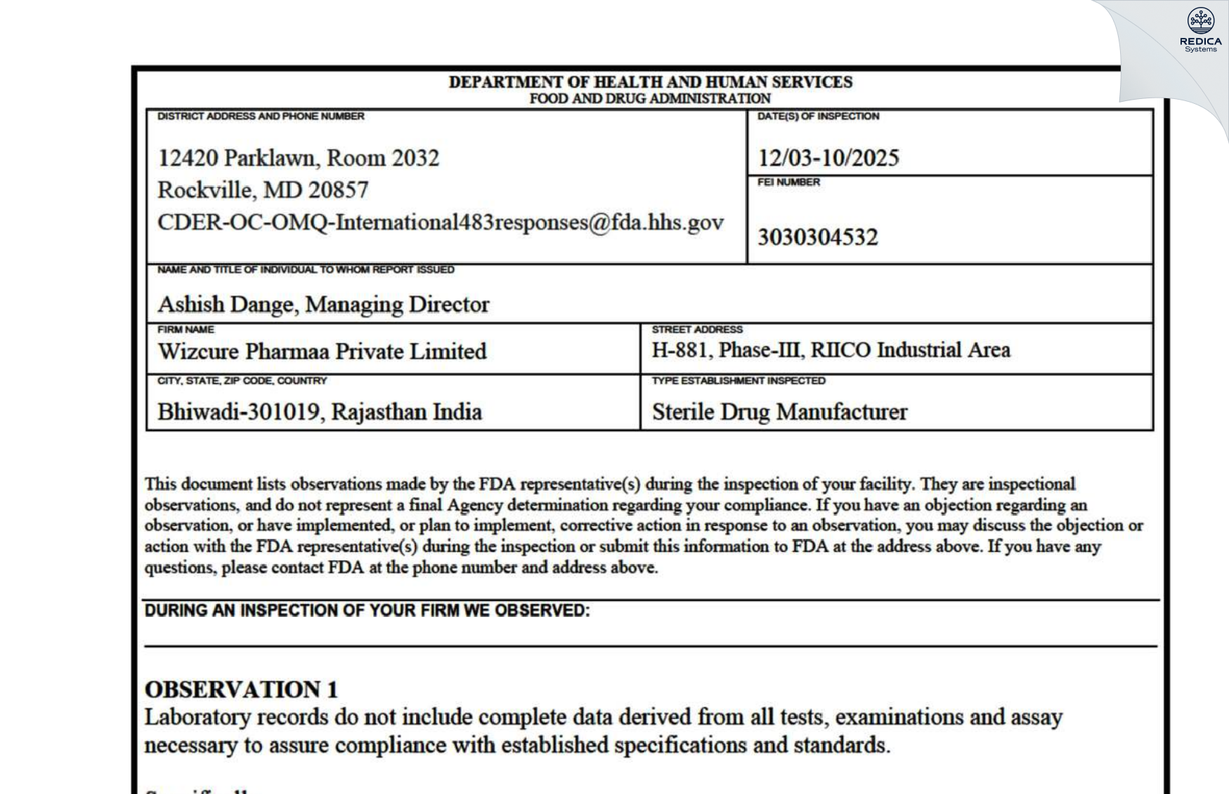 FDA 483 - WIZCURE PHARMAA PRIVATE LIMITED [Kaharani Industrial Area / India] - Download PDF - Redica Systems