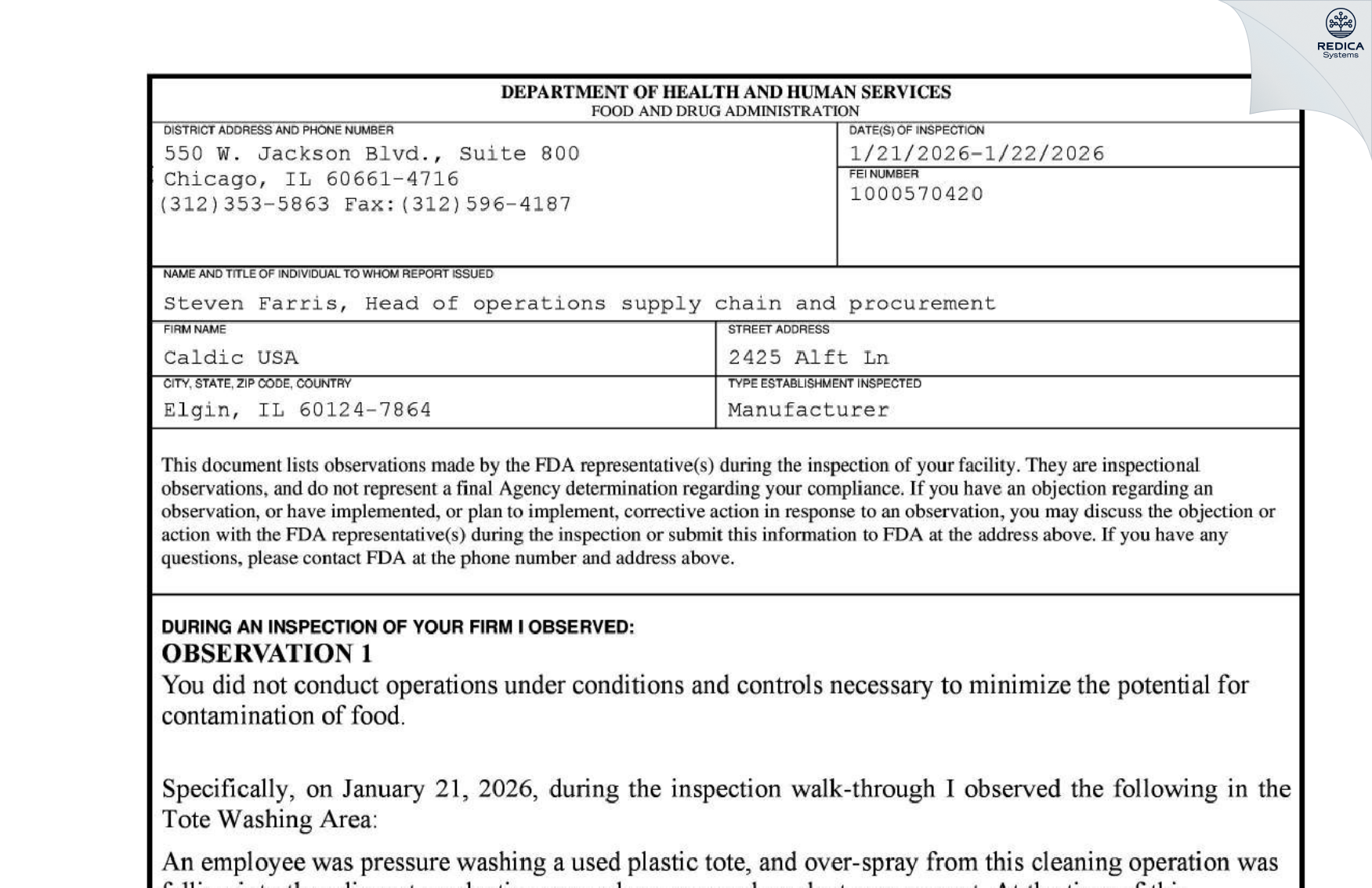 FDA 483 - Caldic USA [Elgin / United States of America] - Download PDF - Redica Systems