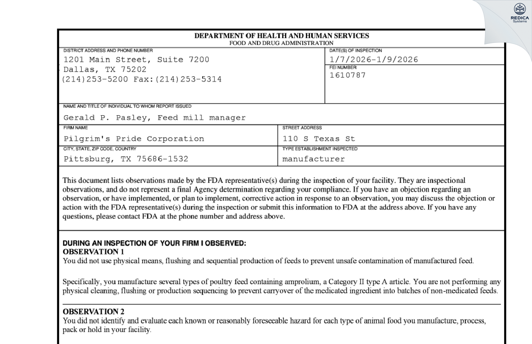 FDA 483 - Pilgrim's Pride Corporation [Pittsburg / United States of America] - Download PDF - Redica Systems