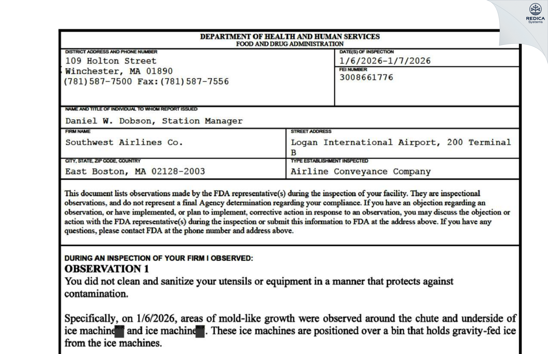 FDA 483 - Southwest Airlines Co. [East Boston / United States of America] - Download PDF - Redica Systems